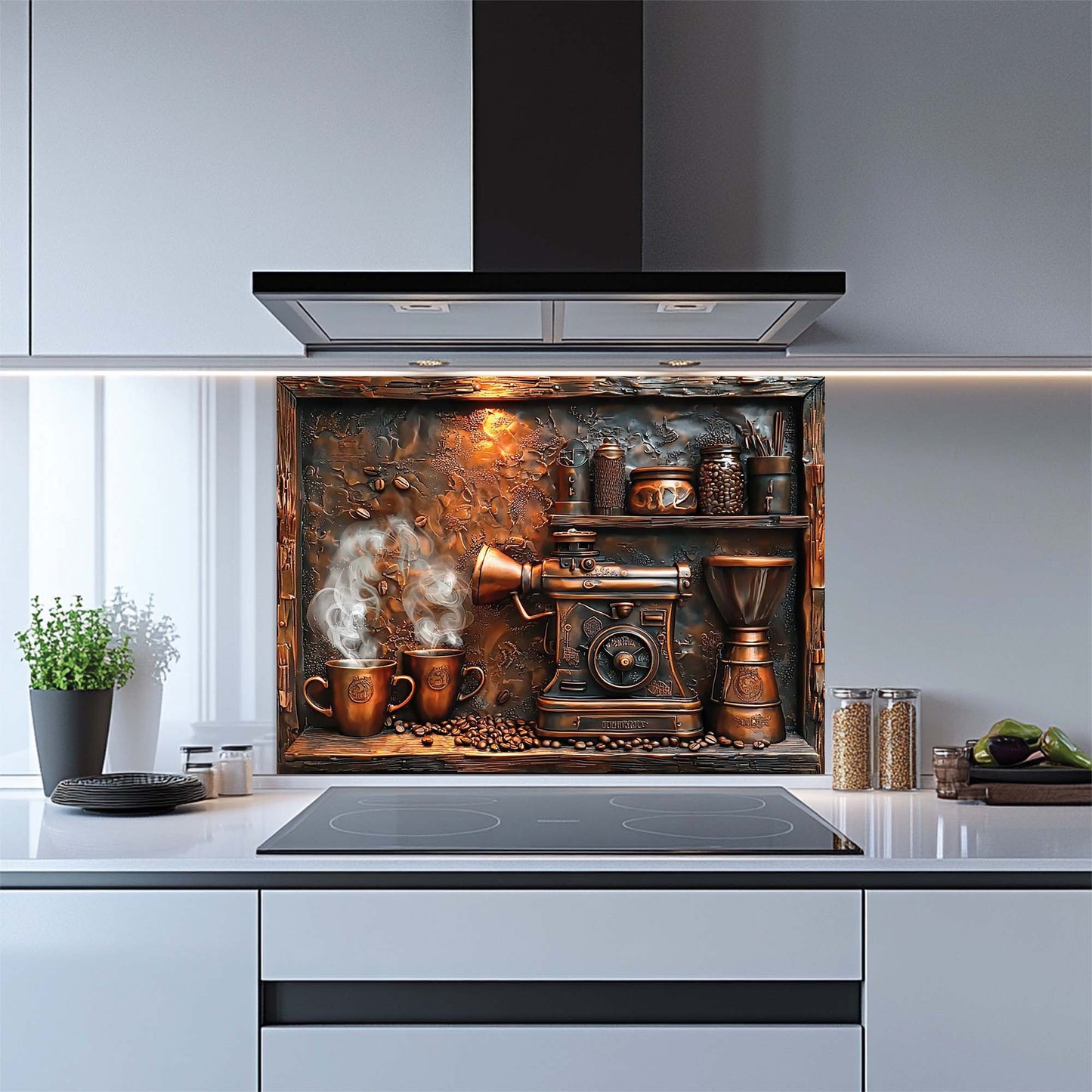Copper coffee machine and steaming mugs – tempered glass backsplash for kitchen and stove wall.