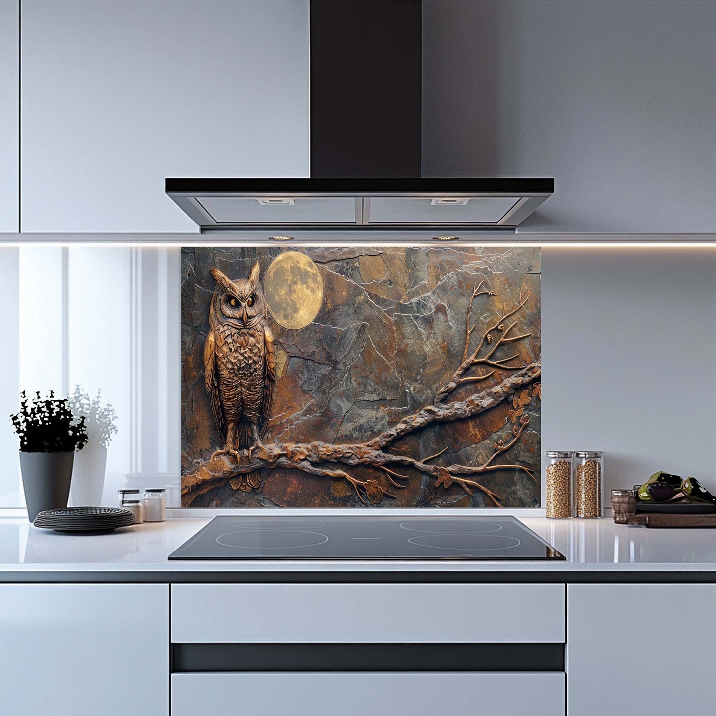 Kitchen with a decorative owl on a branch and moon glass backsplash