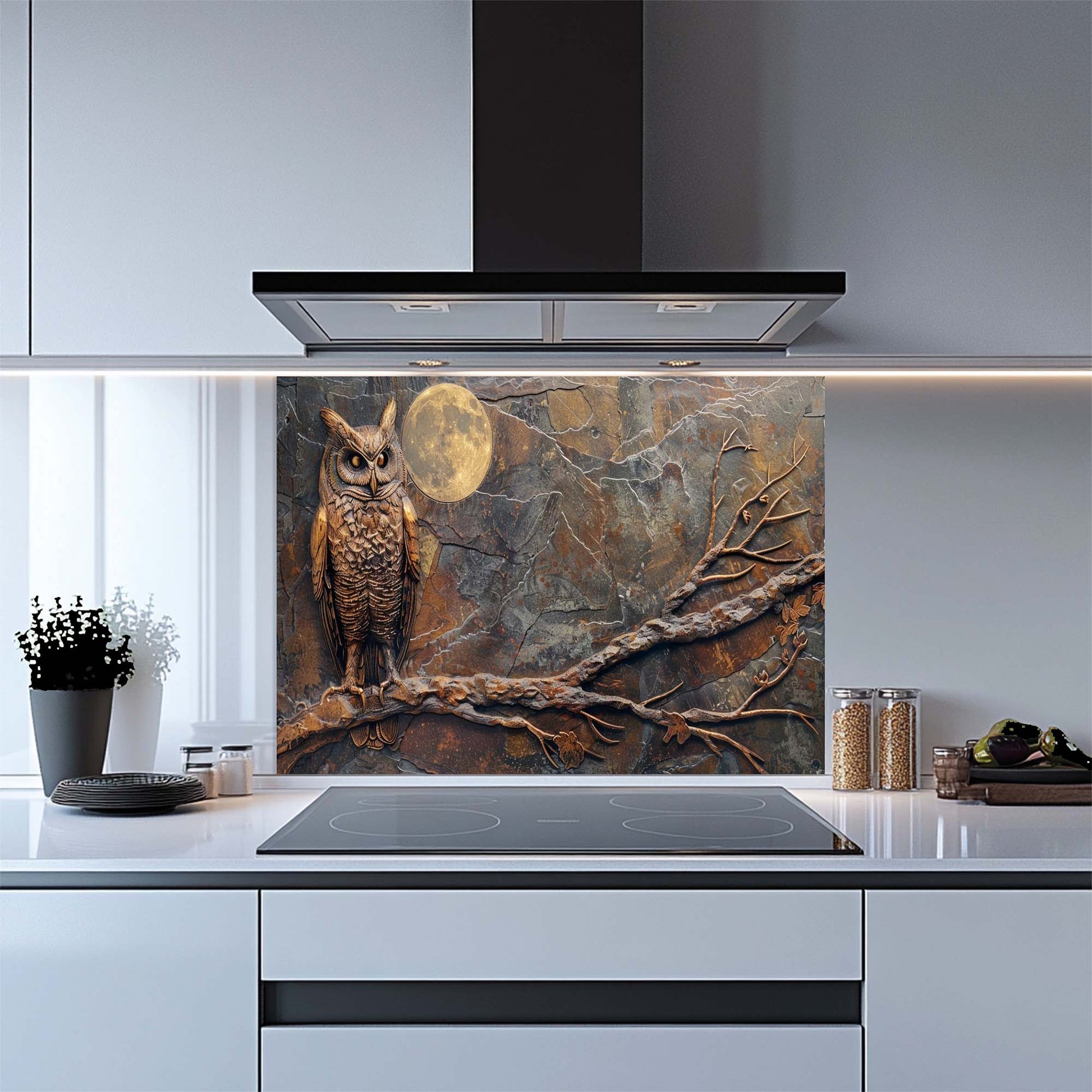 Kitchen with a decorative owl on a branch and moon glass backsplash
