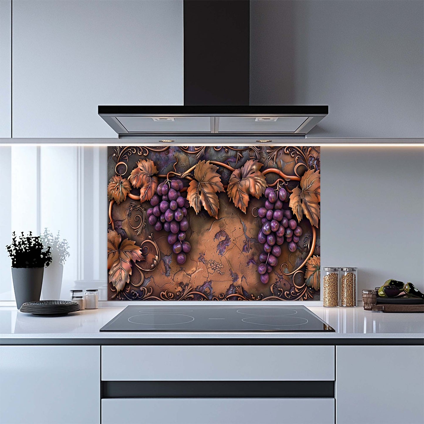 Decorative kitchen backsplash with grapes and leaves in a modern kitchen.