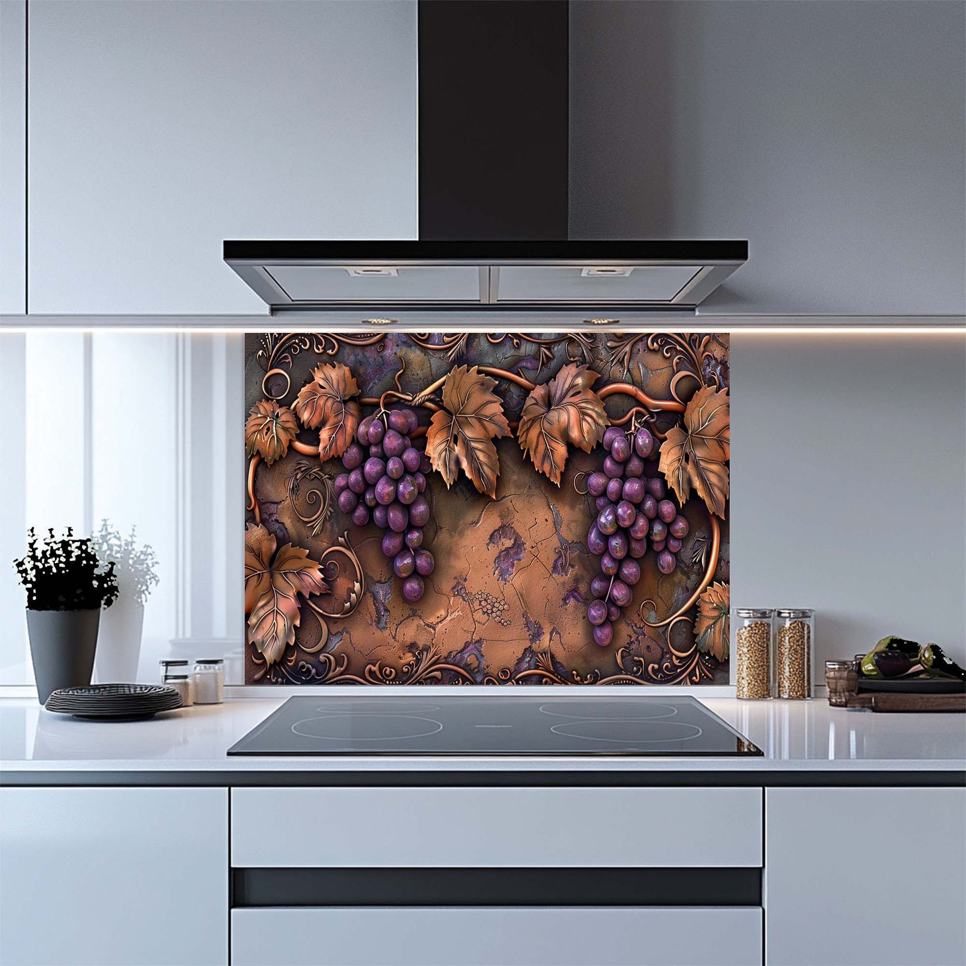 Decorative kitchen backsplash with grapes and leaves in a modern kitchen.