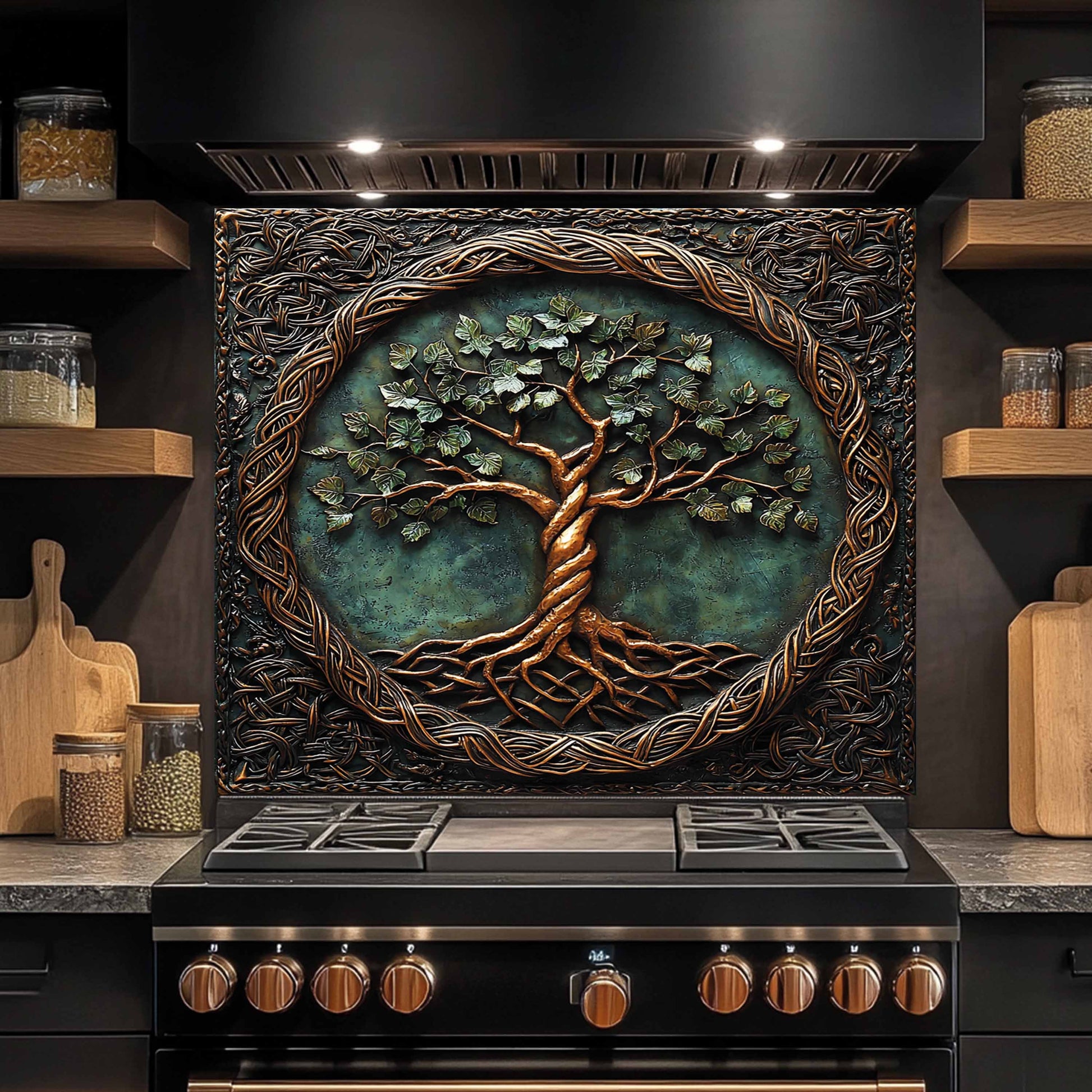Decorative backsplash with a tree design above a stove in a kitchen setting.