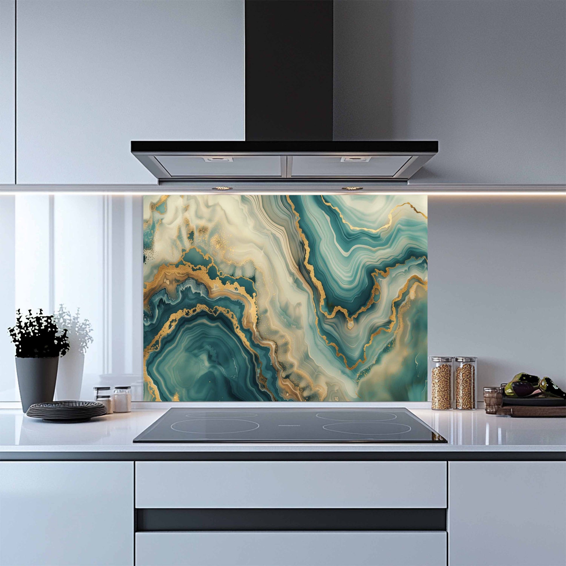 Modern kitchen with a decorative glass splashback featuring green and gold agate design.
