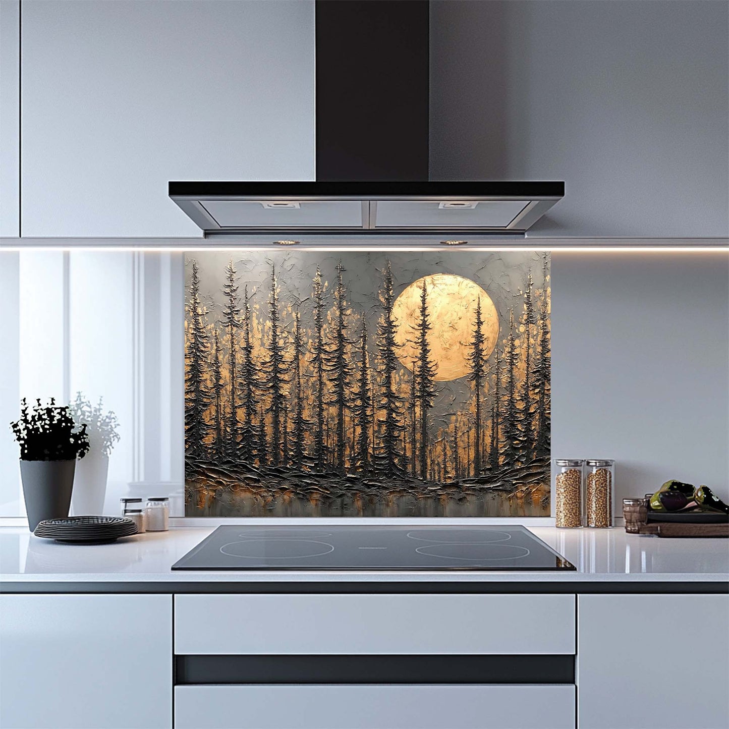 Kitchen with a decorative glass splashback featuring a forest design.