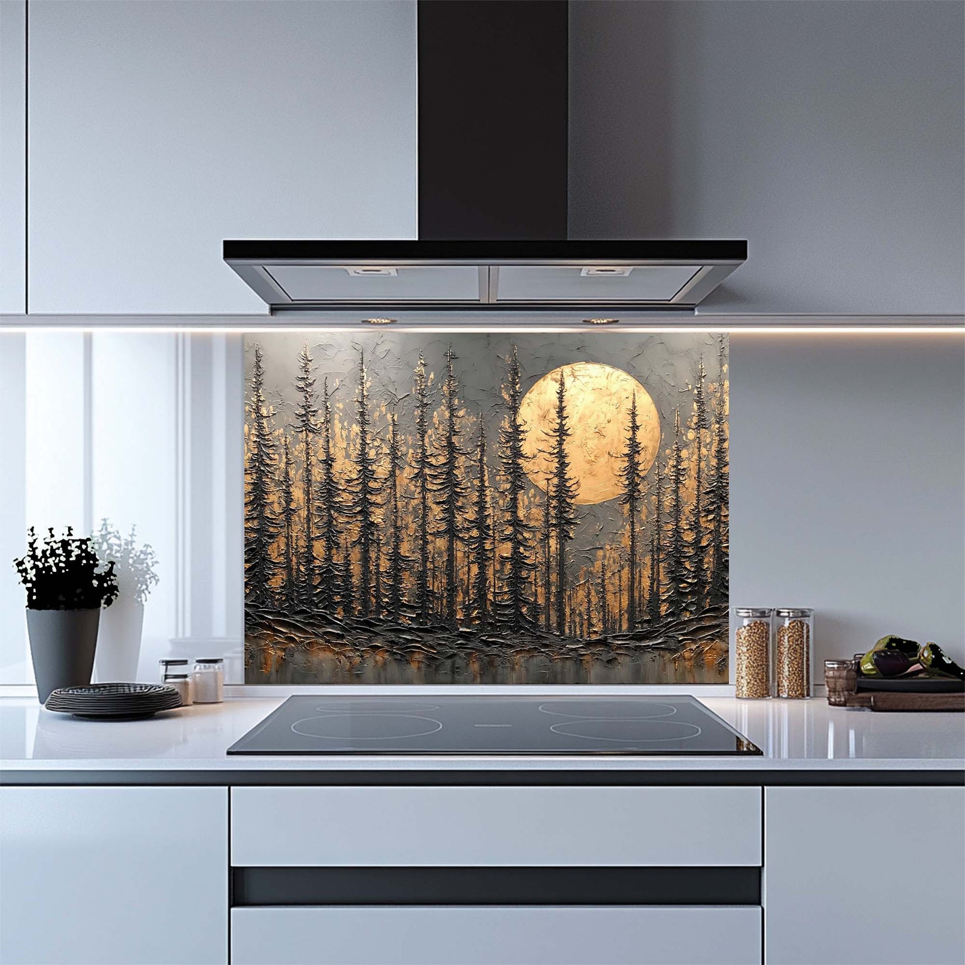 Kitchen with a decorative glass splashback featuring a forest design.