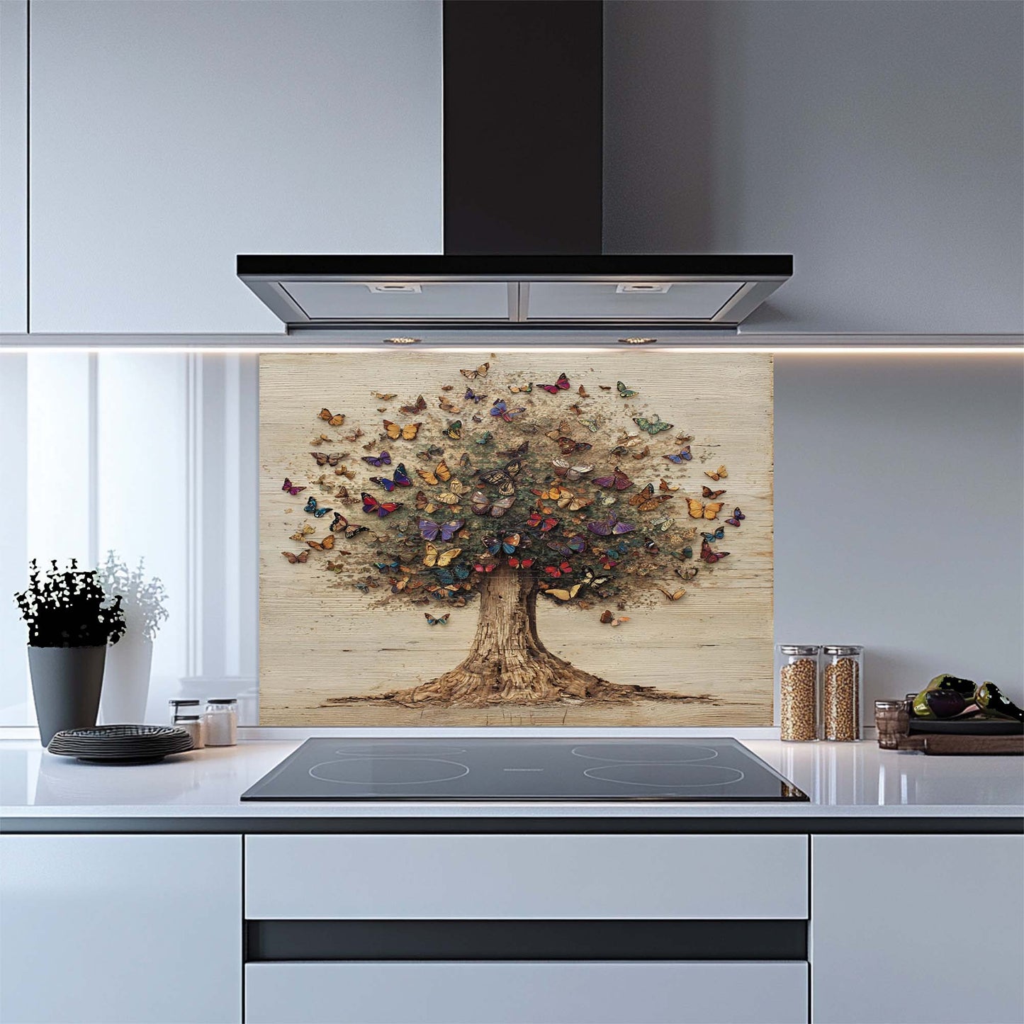 Árbol de mariposas – Protector contra salpicaduras de vidrio templado para cocina | Protector contra salpicaduras colorido del árbol de la vida