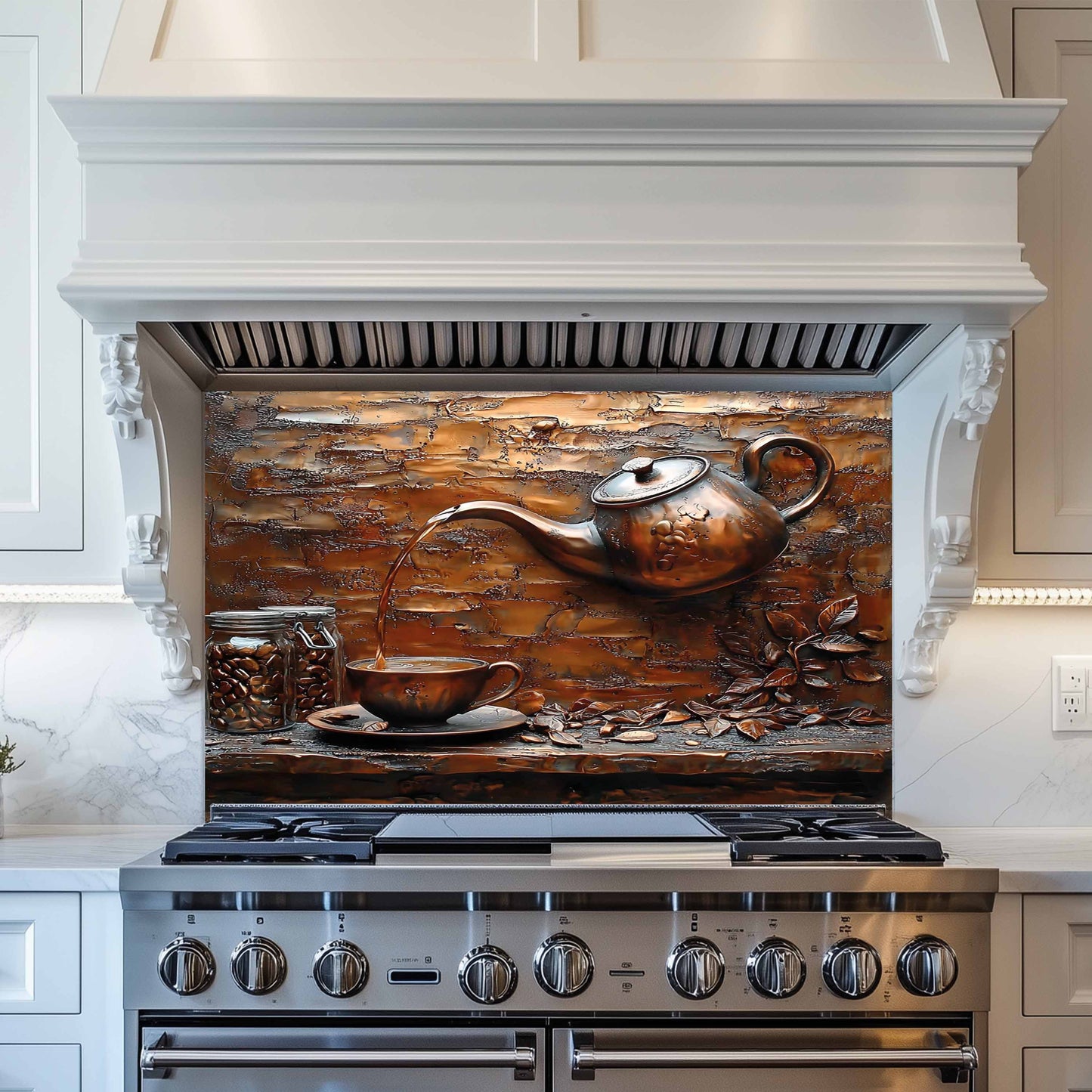 Stainless steel stove with decorative copper teapot and cup glass backsplash on the back splash.