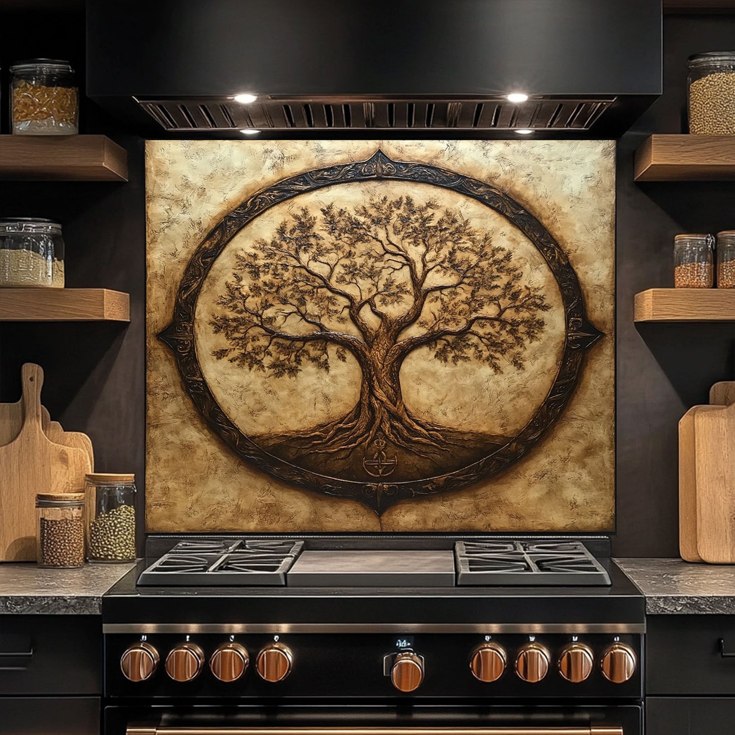 Kitchen stove with decorative backsplash of a tree design.