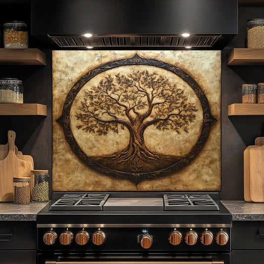 Kitchen stove with decorative backsplash of a tree design.