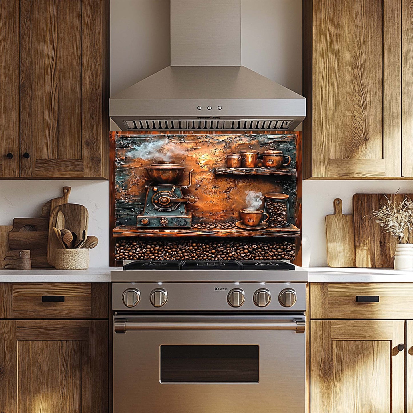 Stainless steel oven with decorative glass backsplash in a kitchen setting