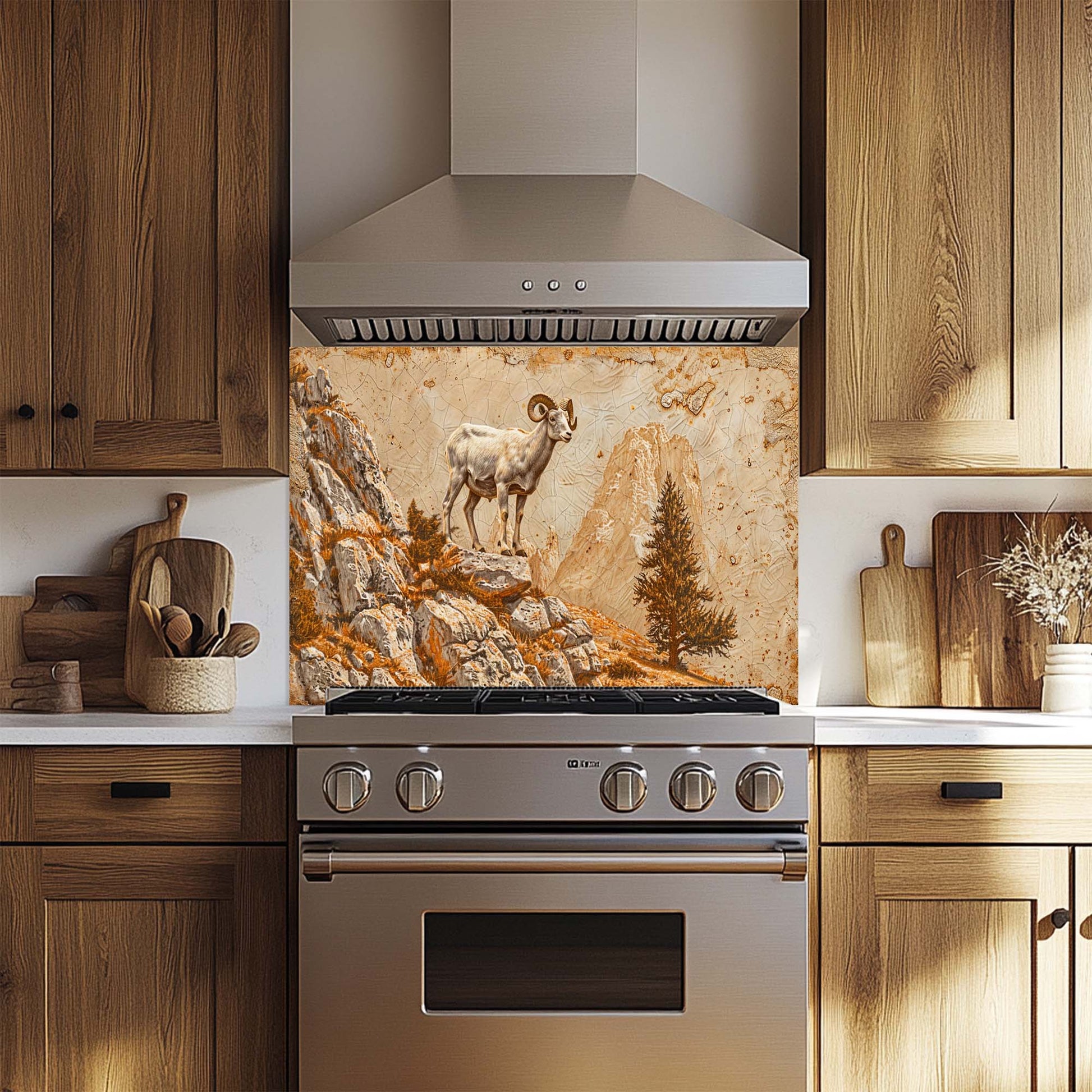 Stainless steel oven with decorative glass backsplash featuring a mountain goat design in a kitchen setting.