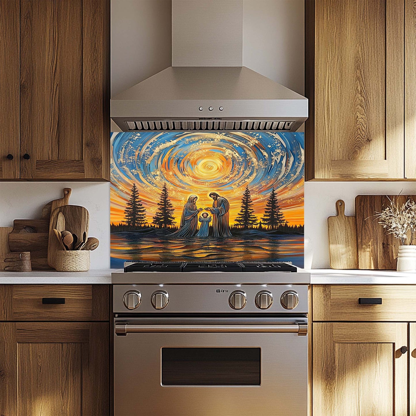 Decorative glass backsplash with a family by a lake on a kitchen stove
