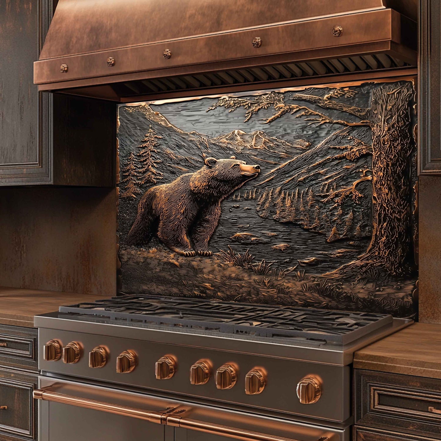 Stainless steel stove with decorative bear scene on the glass backsplash