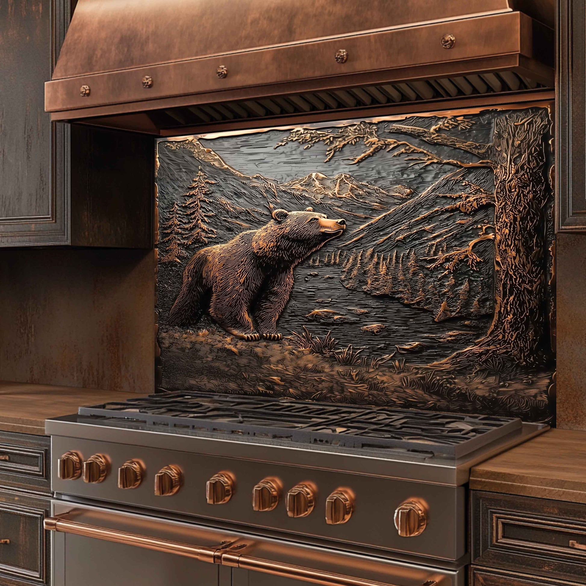 Stainless steel stove with decorative bear scene on the glass backsplash