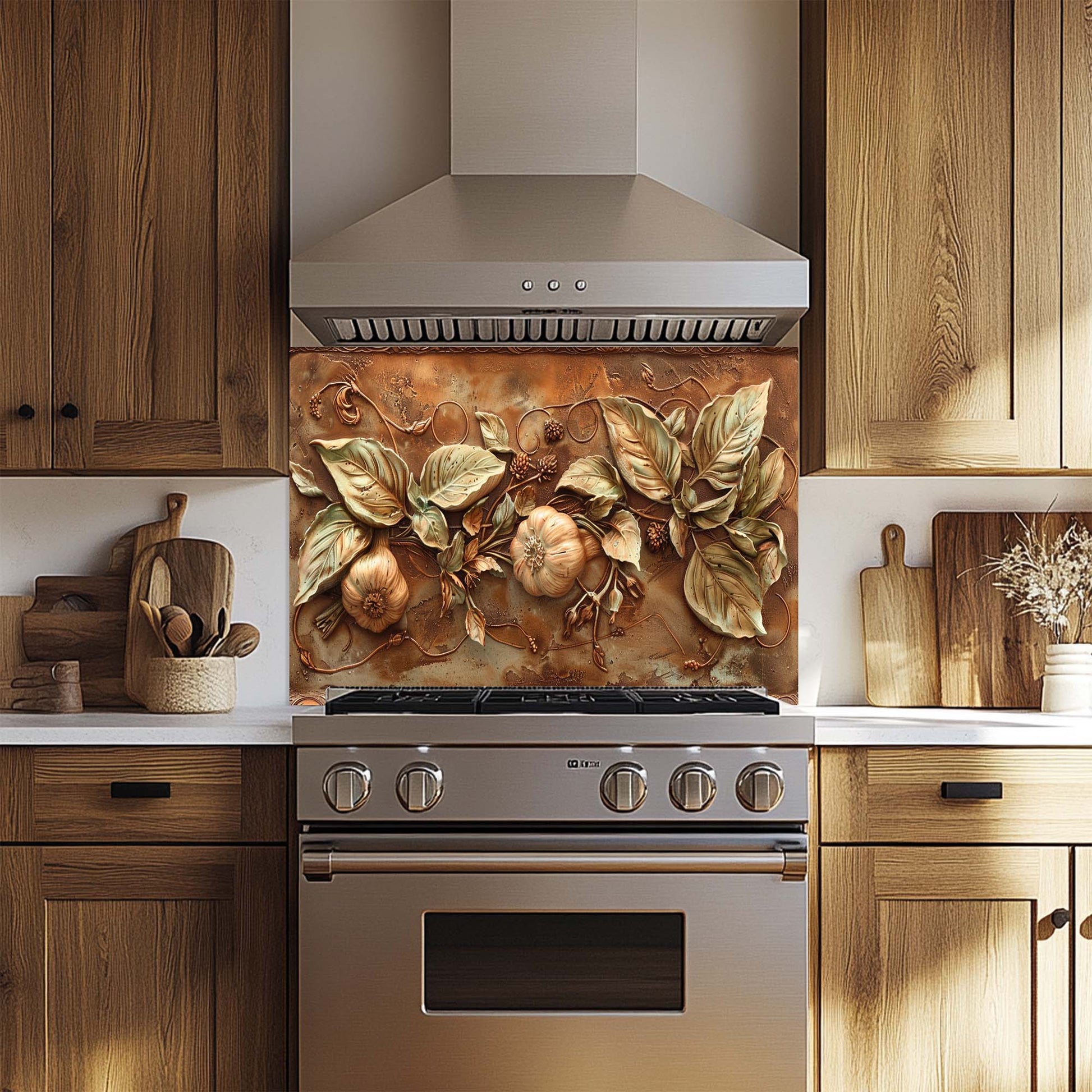 levate your kitchen with Golden Harvest Relief – a Tuscan-inspired tempered glass backsplash with garlic, pumpkin & copper tones. Heat-resistant and easy to clean.