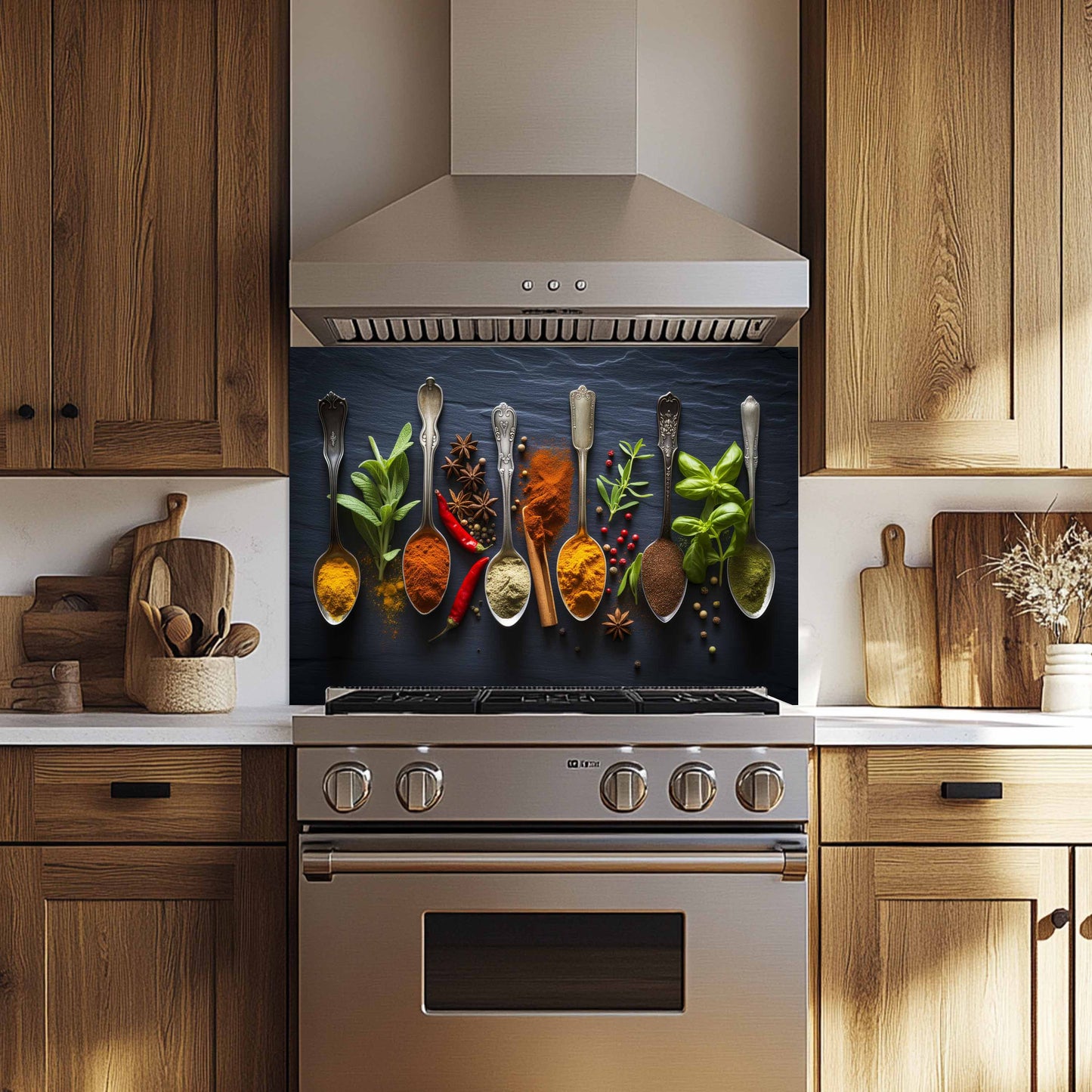 Kitchen with wooden cabinets, stainless steel oven, and decorative backsplash.