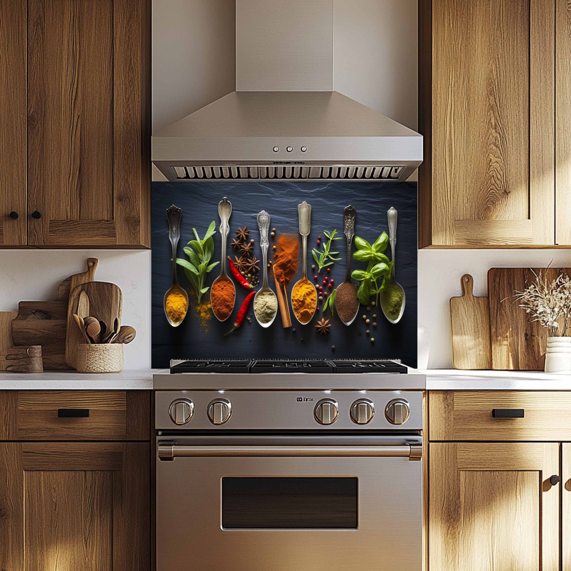 Kitchen with wooden cabinets, stainless steel oven, and decorative backsplash.
