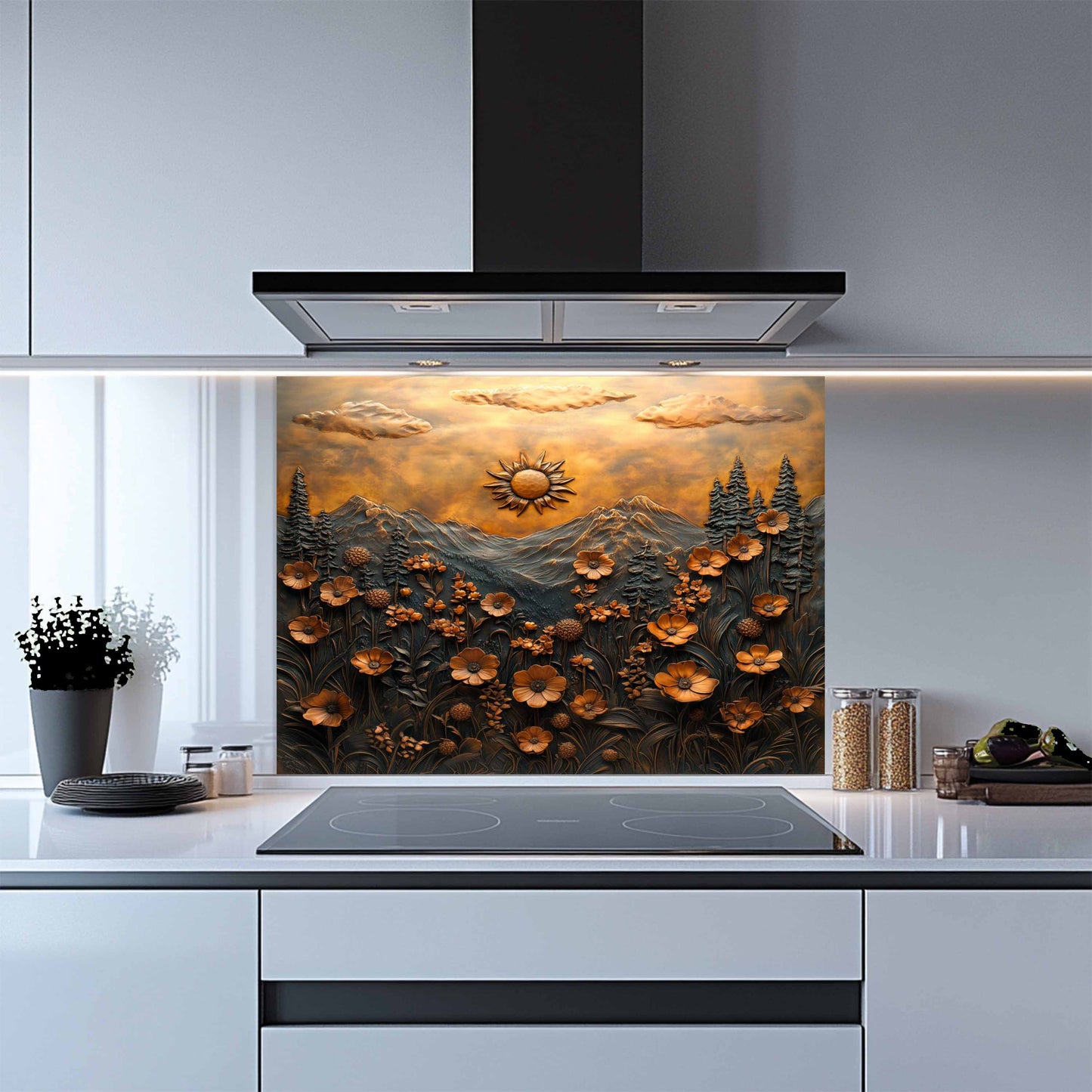 Kitchen with a decorative glass splashback featuring a sunset over mountains and flowers.