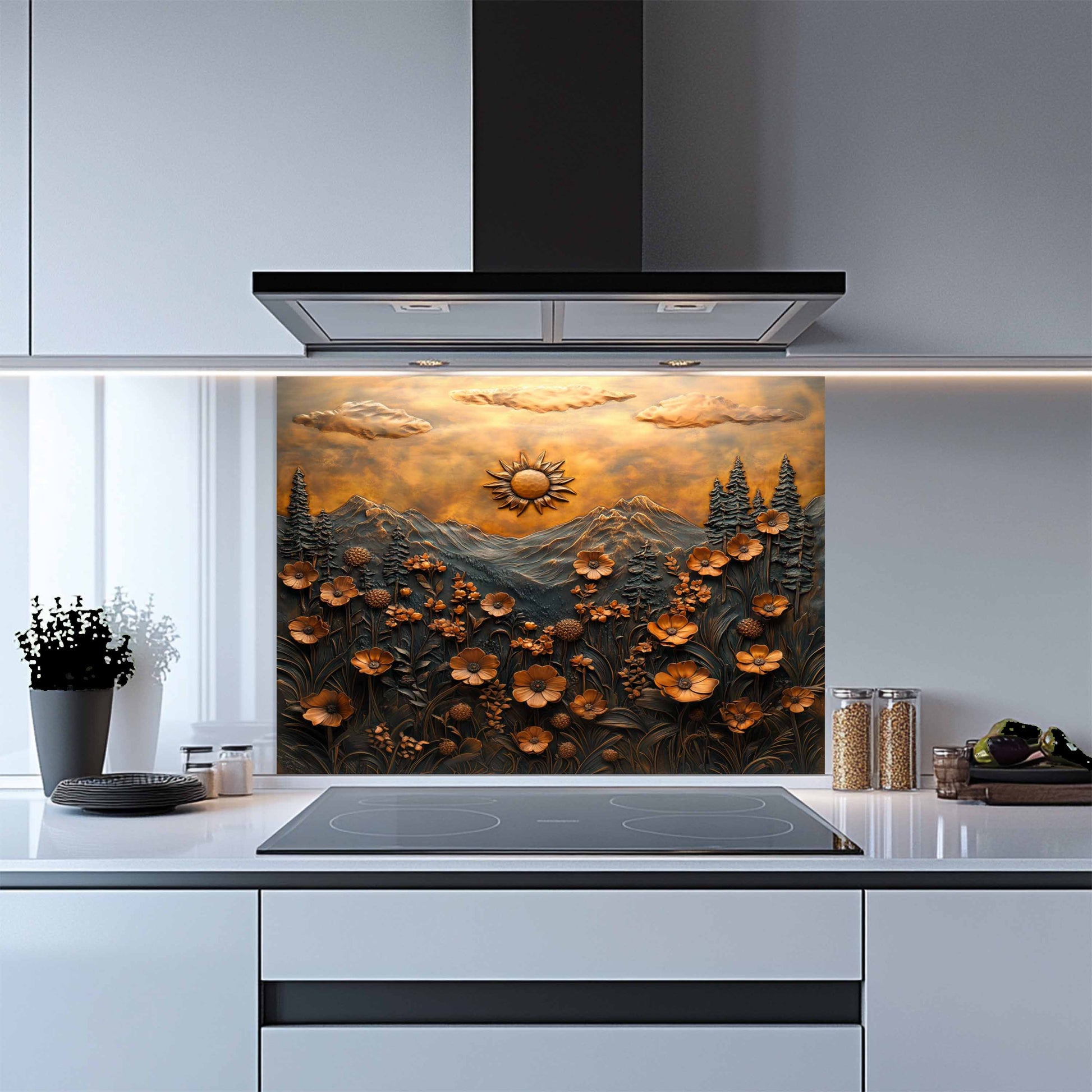 Kitchen with a decorative glass splashback featuring a sunset over mountains and flowers.