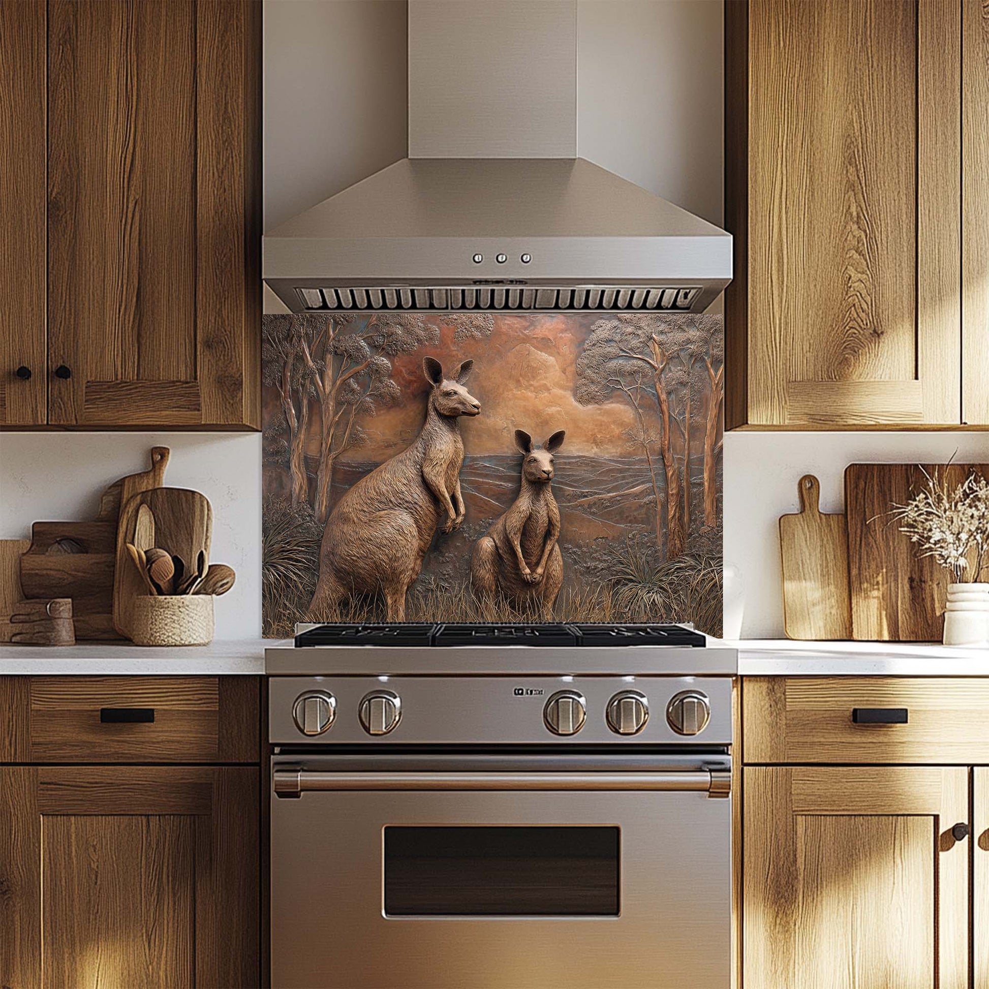 Kitchen with wooden cabinets and a decorative glass backsplash featuring kangaroos.