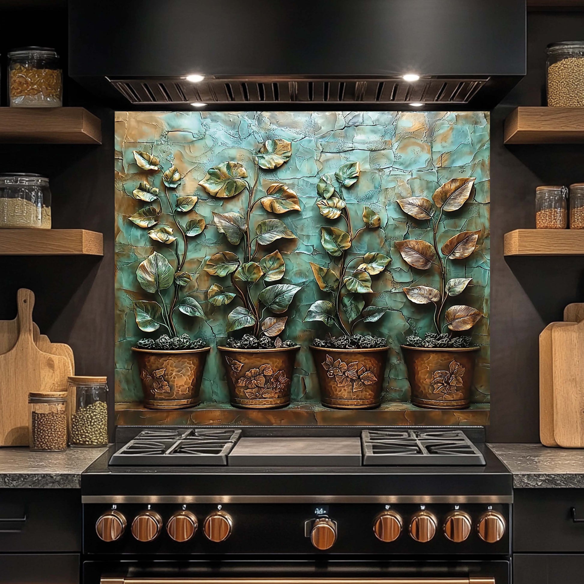Decorative backsplash with leaf patterns above a stove in a kitchen.