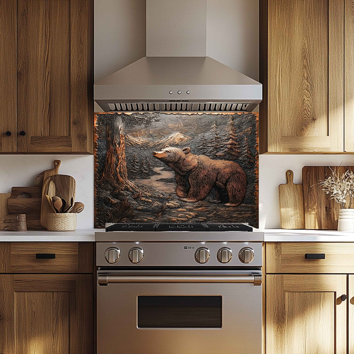 Kitchen with wooden cabinets and a decorative bear splashback above a stove.