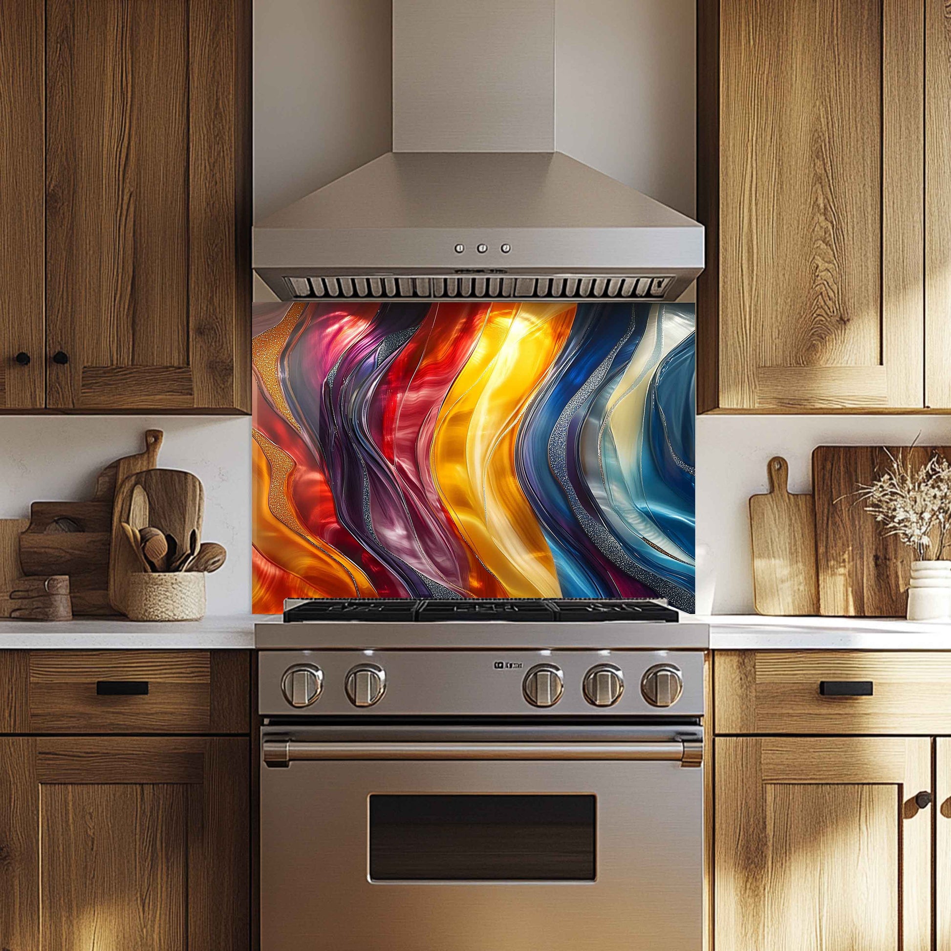 Kitchen with a colorful glass splashback behind a silver oven.