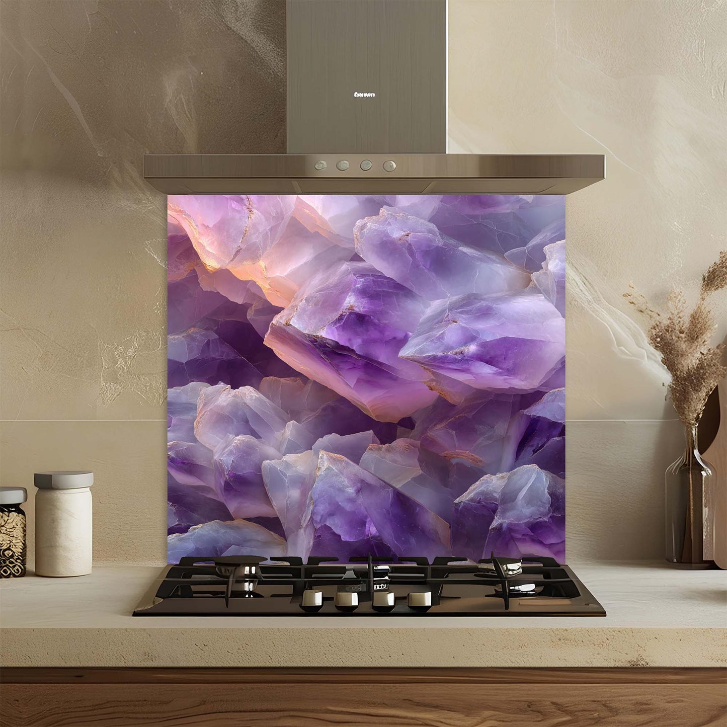 Kitchen stove with a decorative glass backsplash featuring purple and white rock-like design.