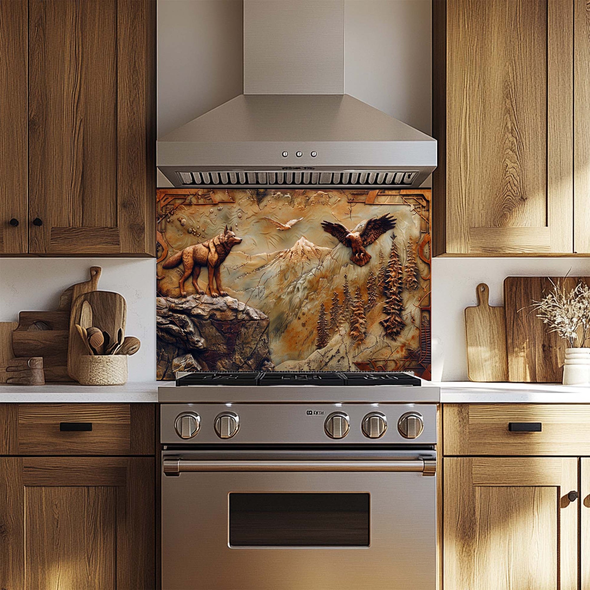 Kitchen with wooden cabinets, stainless steel stove, and decorative glass backsplash