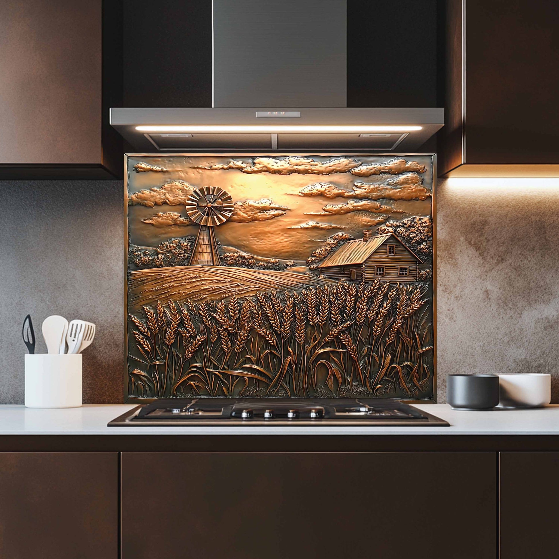 Decorative kitchen backsplash with a windmill and field design in a modern kitchen.