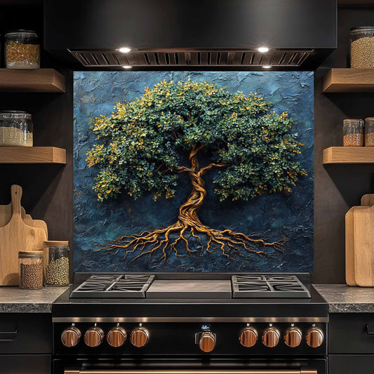 Kitchen stove with a decorative backsplash featuring a tree and roots