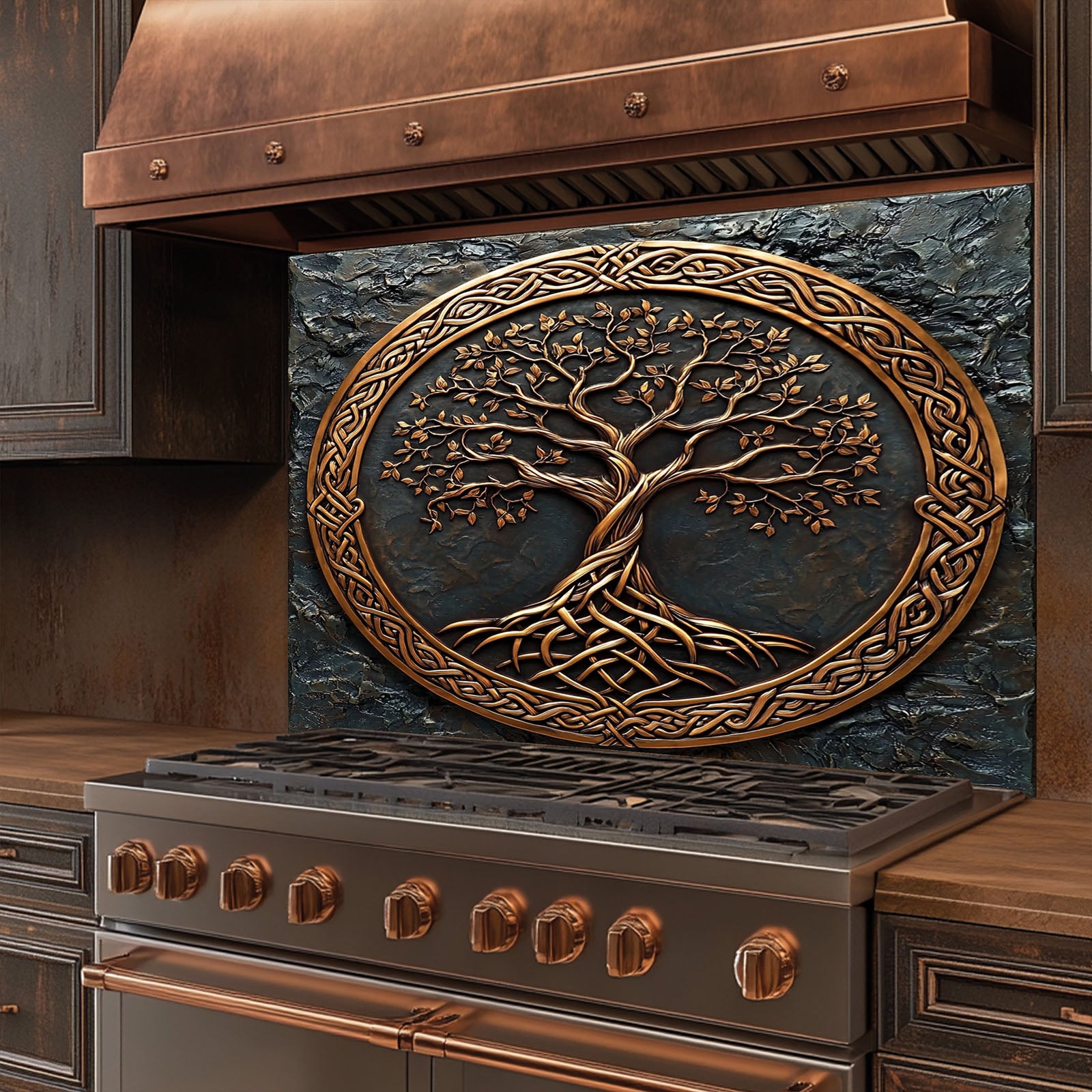 Tempered glass backsplash with a tree design above a stove in a kitchen setting.