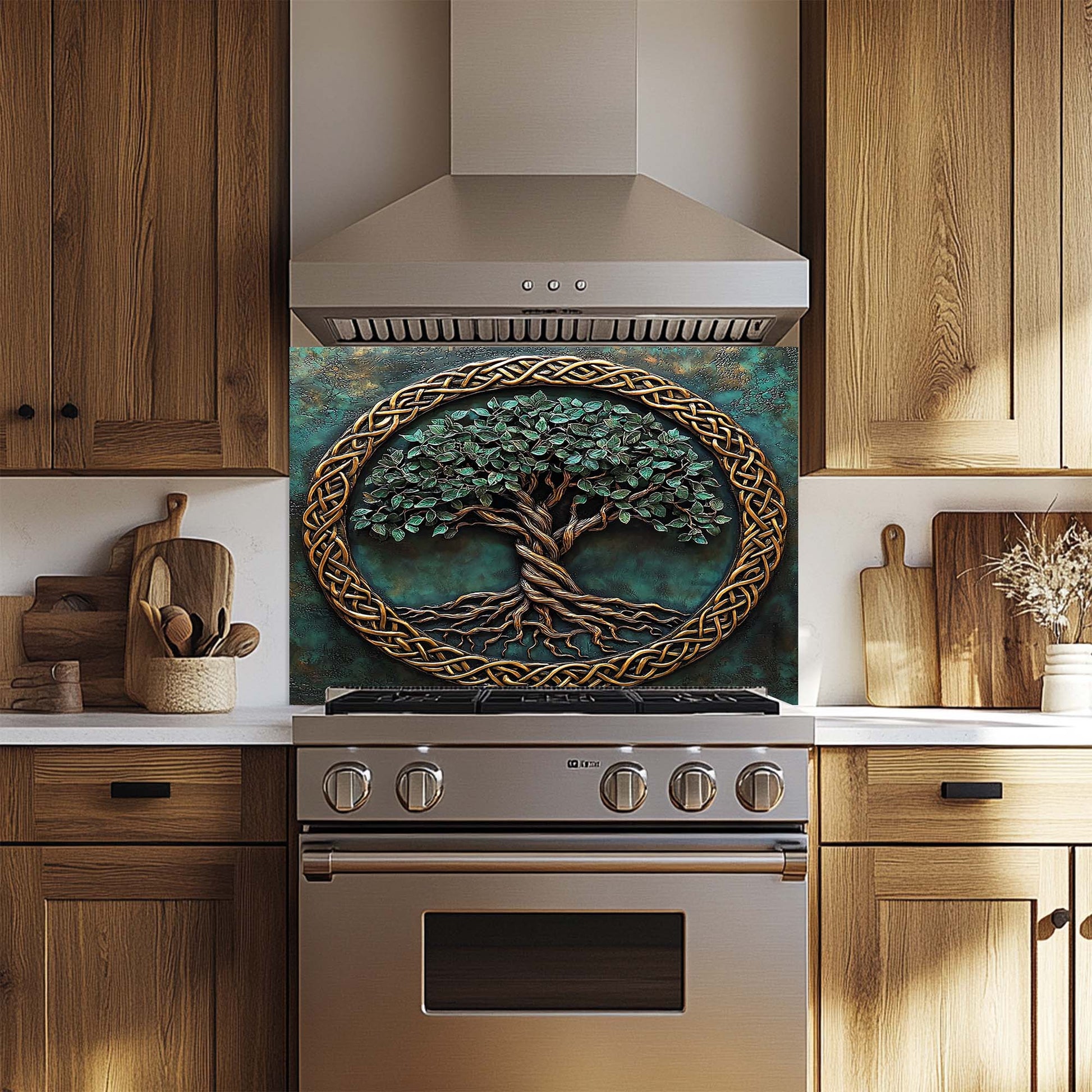 Glass backsplash with decorative tree design in a kitchen setting
