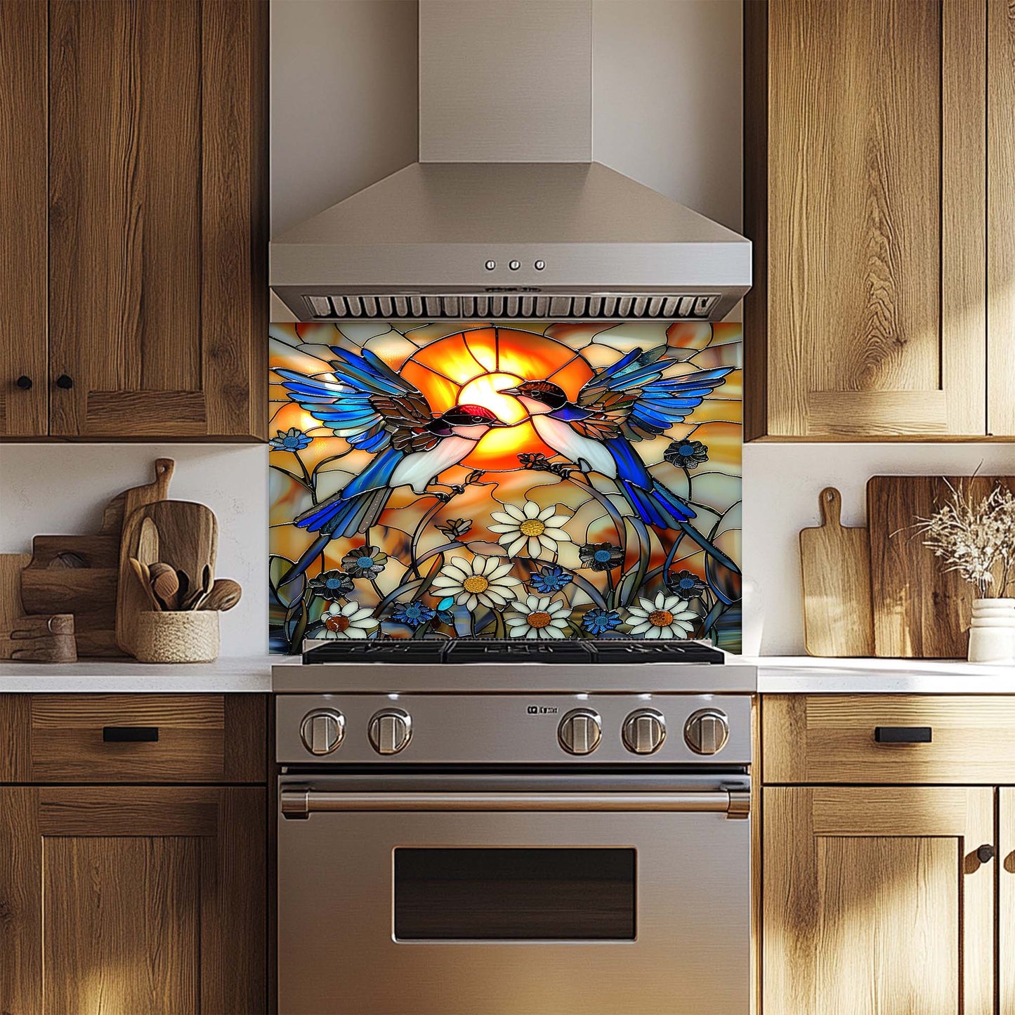 Stained glass design on a kitchen backsplash with wooden cabinets and appliances.