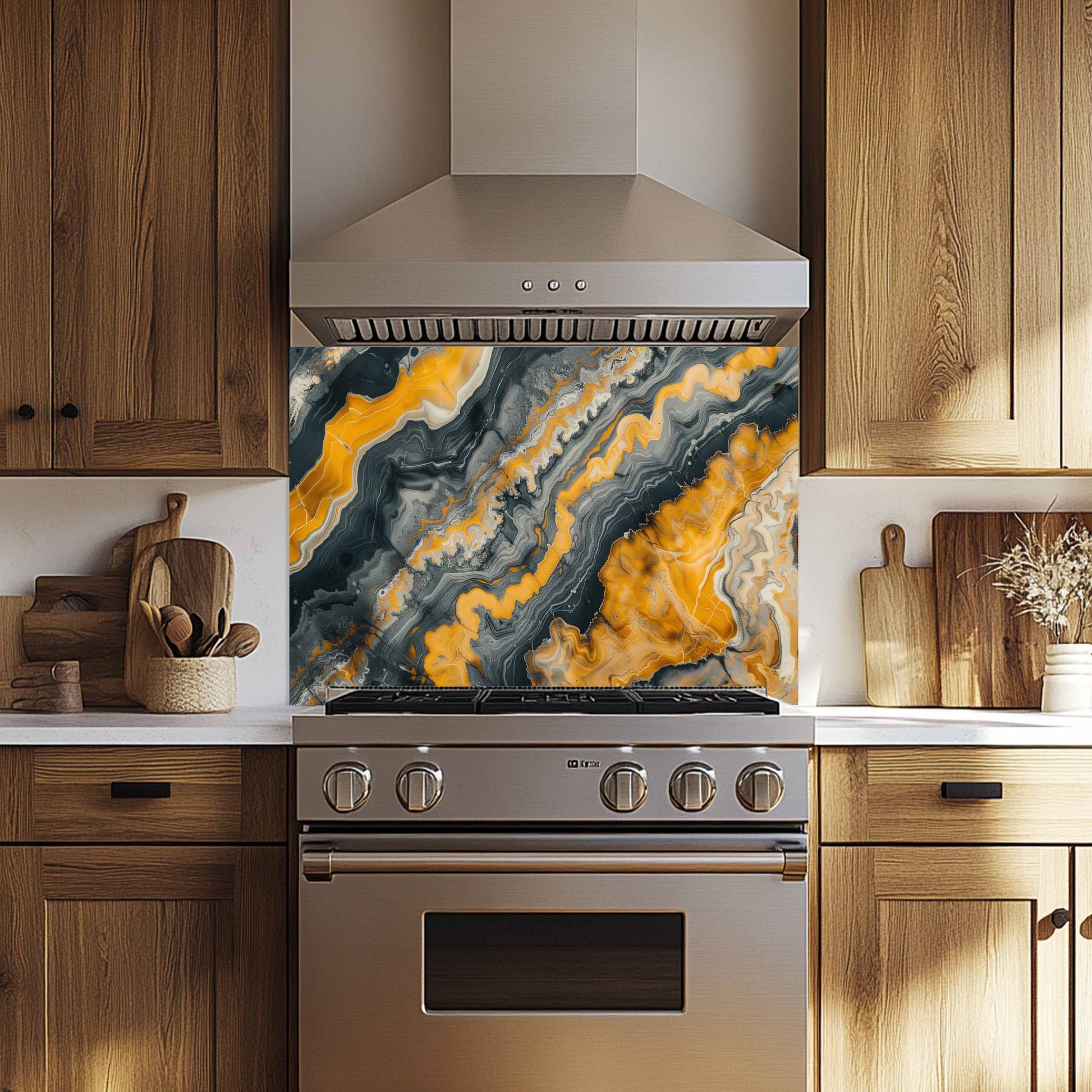 Modern kitchen with stainless steel oven and decorative backsplash