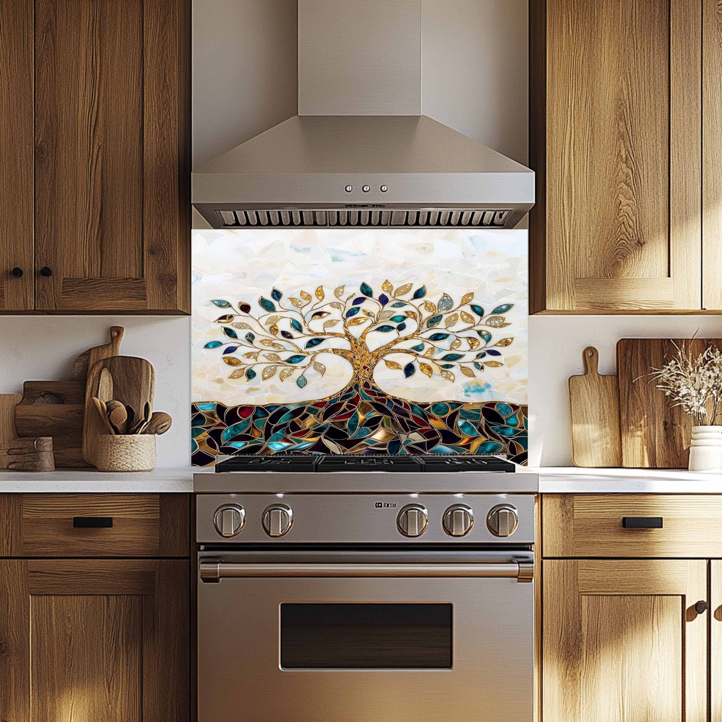 Kitchen with a decorative glass splashback featuring a tree design.