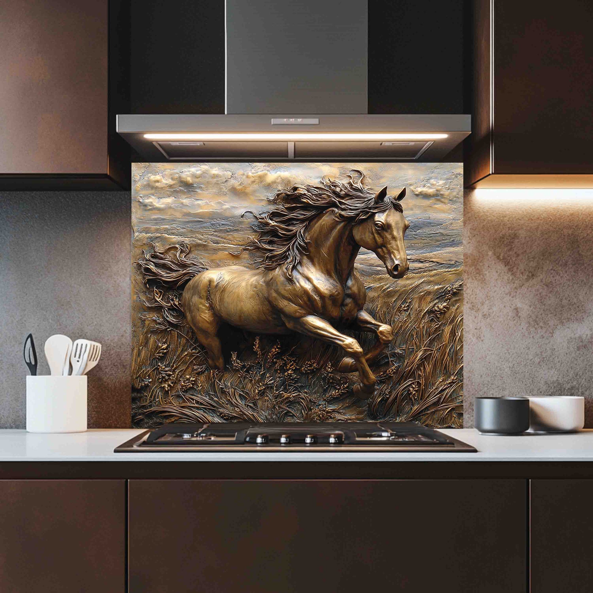 Kitchen with a decorative horse splashback panel above a stove.
