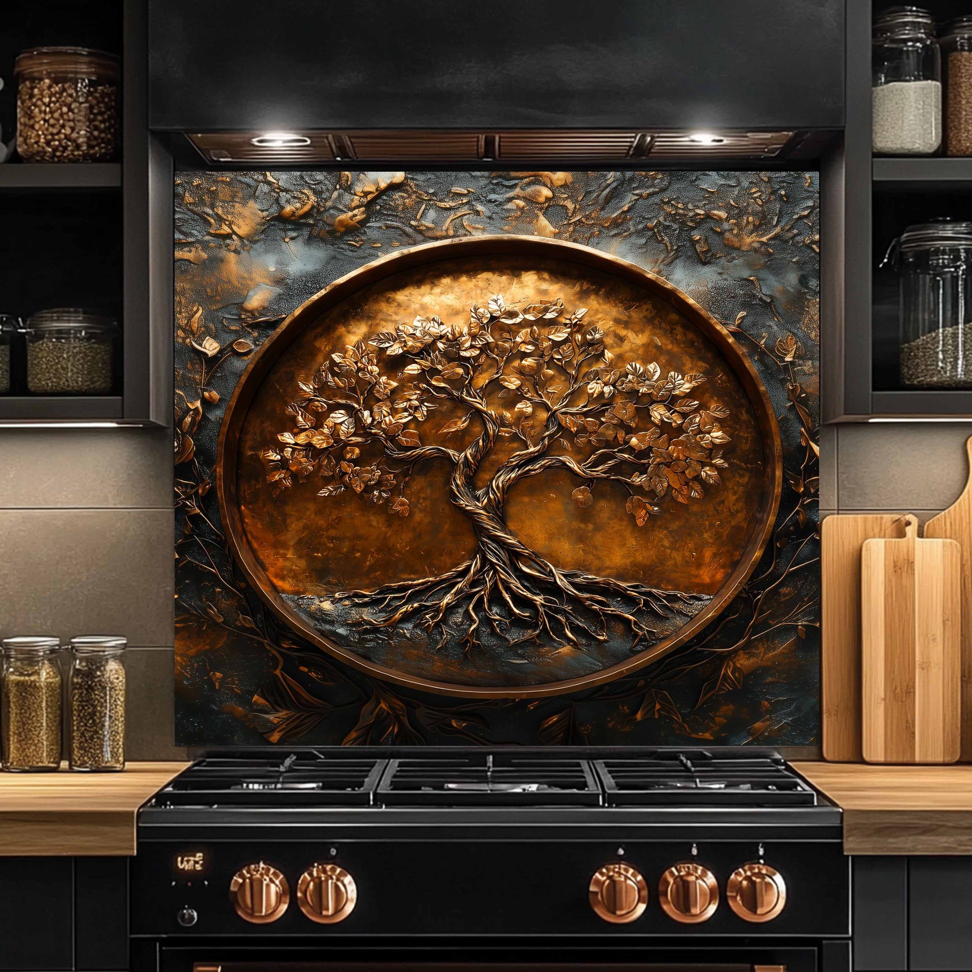 Decorative backsplash with tree design in a kitchen setting