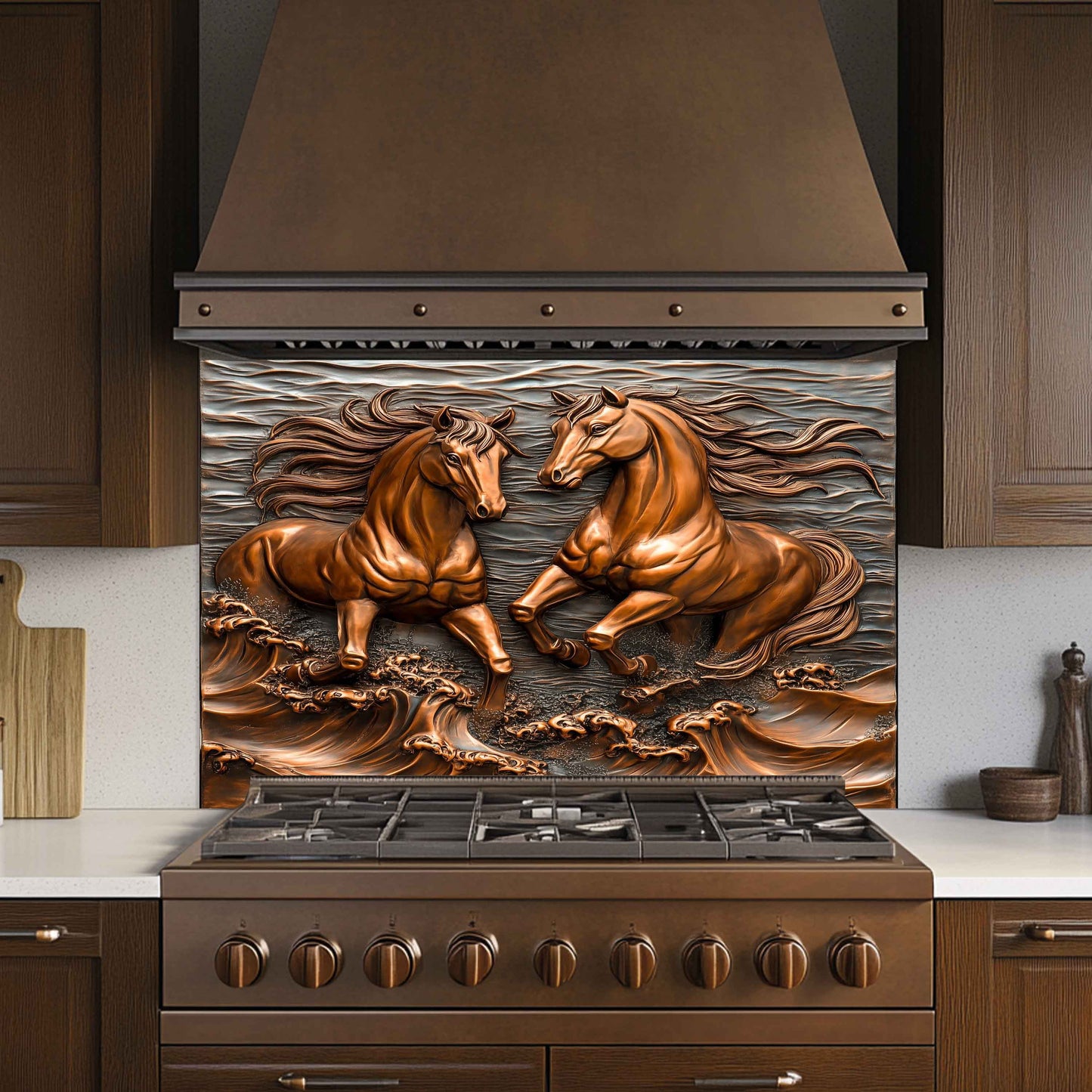 Stainless steel stove with decorative horse splashback on the back in a kitchen setting