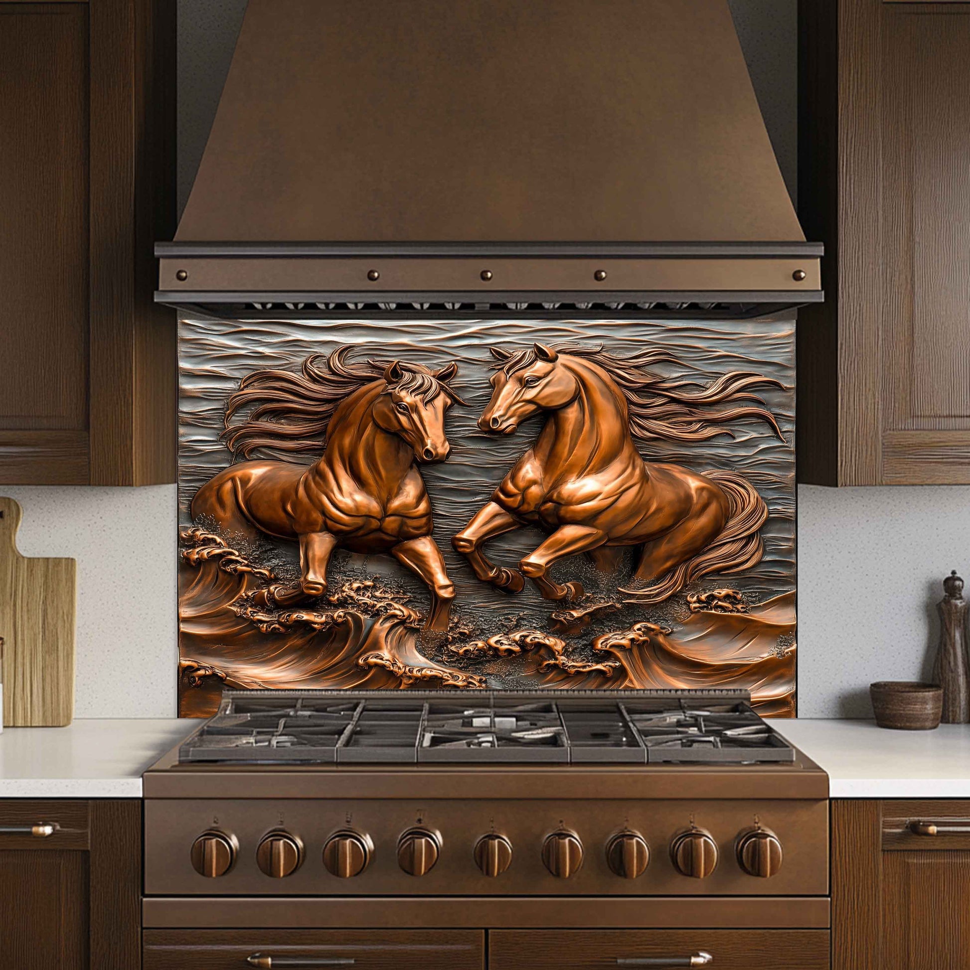 Stainless steel stove with decorative horse splashback on the back in a kitchen setting