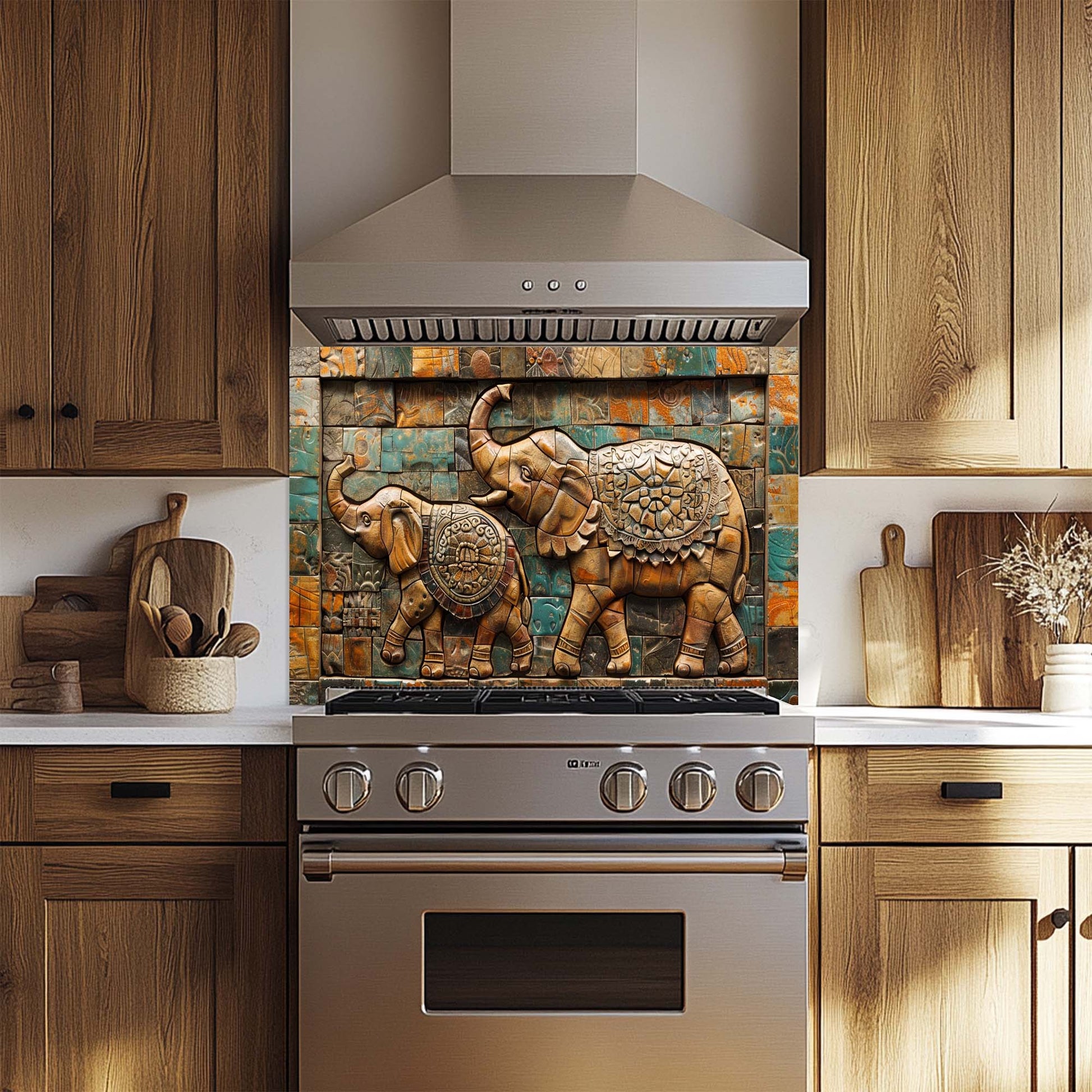 Decorative backsplash with elephant design above a stove in a kitchen.