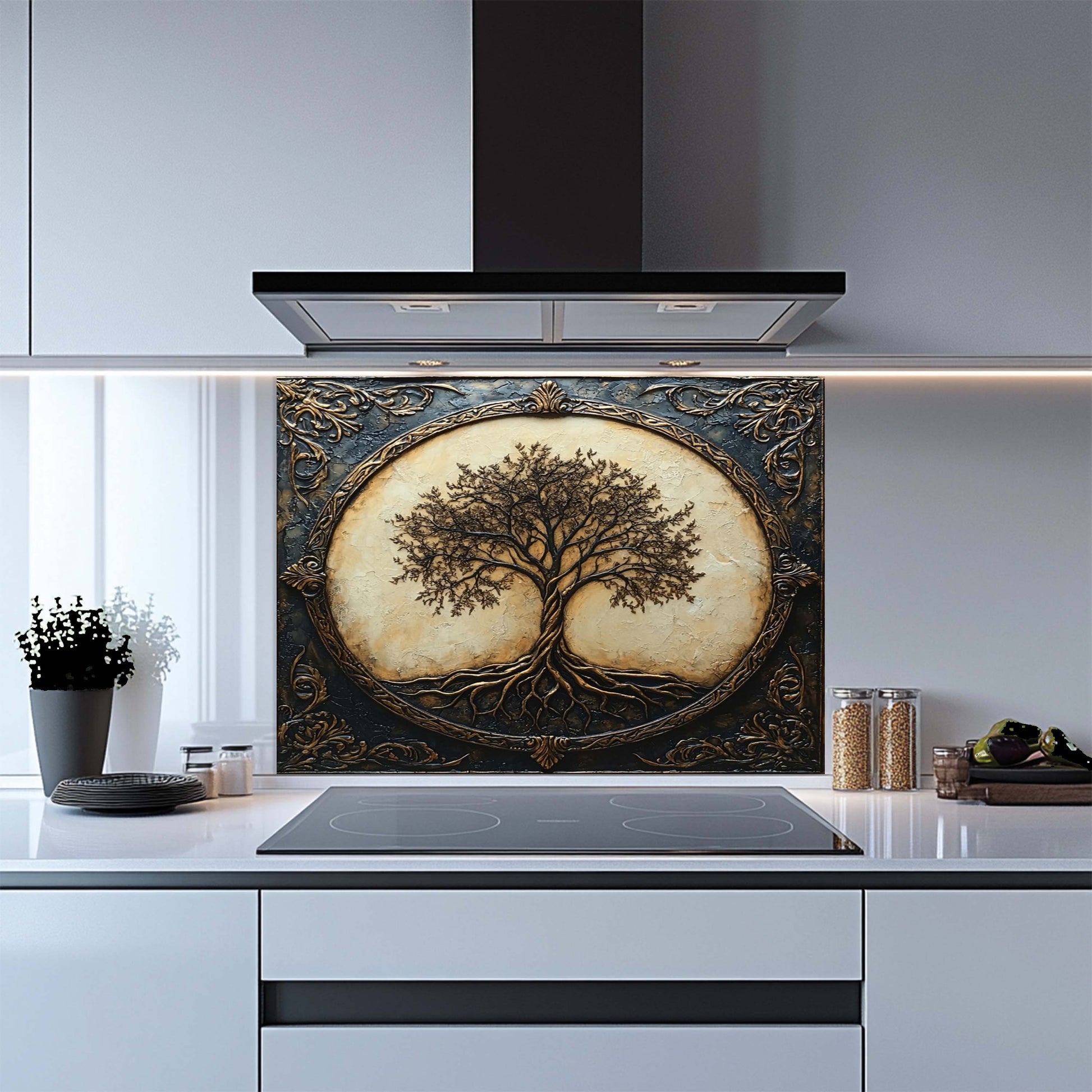 Decorative glass splashback with tree design in a modern kitchen.