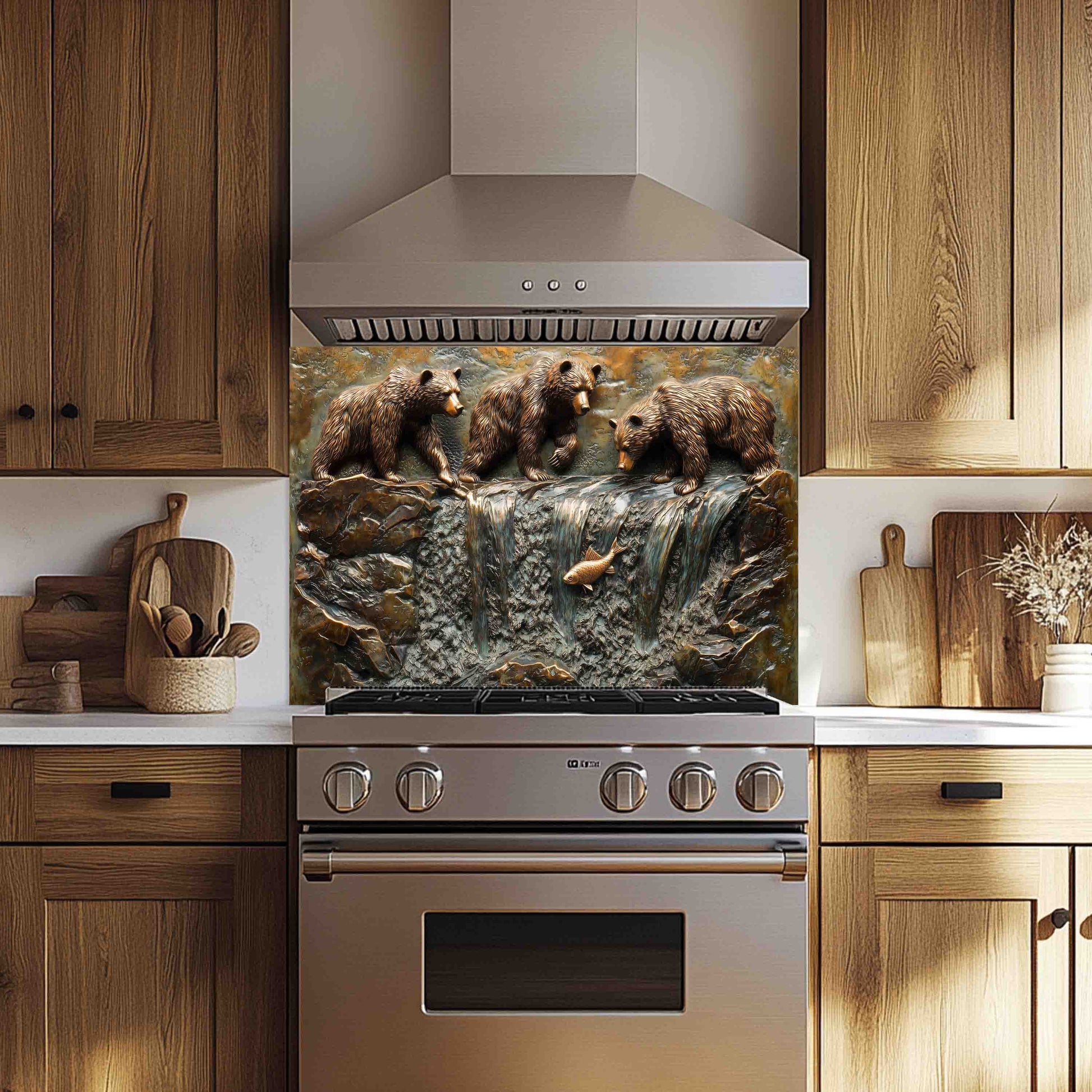 Kitchen with a decorative backsplash featuring bears and a waterfall.