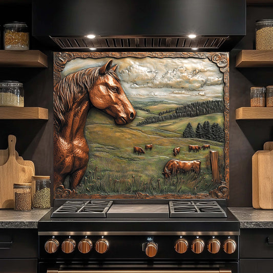 Stove with a decorative backsplash featuring a horse and landscape design.