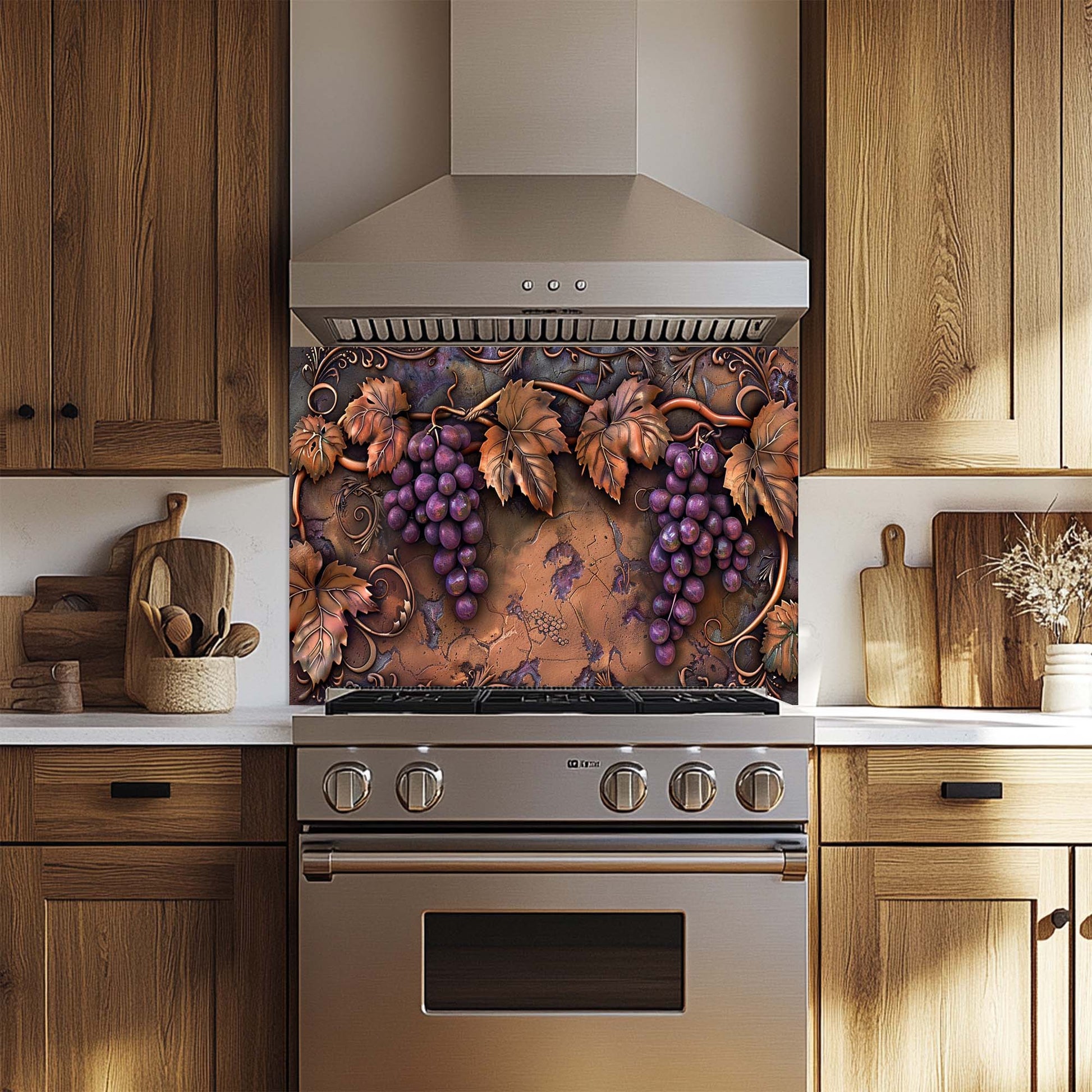 Stainless steel oven with decorative glass backsplash featuring grapes and leaves in a kitchen setting.