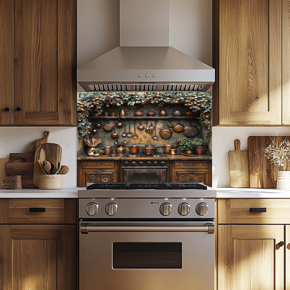 Tempered glass backsplash with copper kitchen cookware, herbs, and orange garland – rustic stove panel design