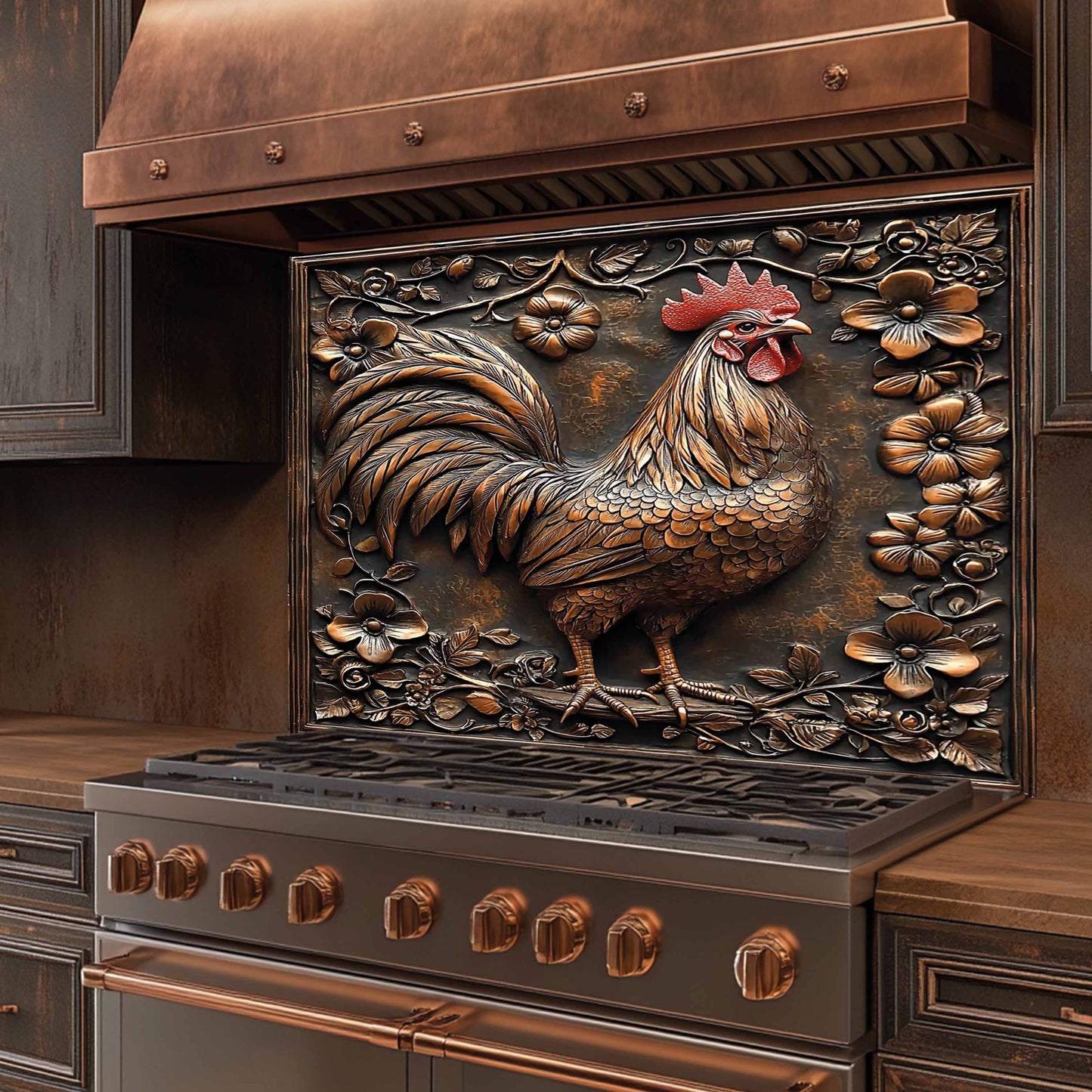 Decorative stove with a rooster design on a kitchen glass backsplash
