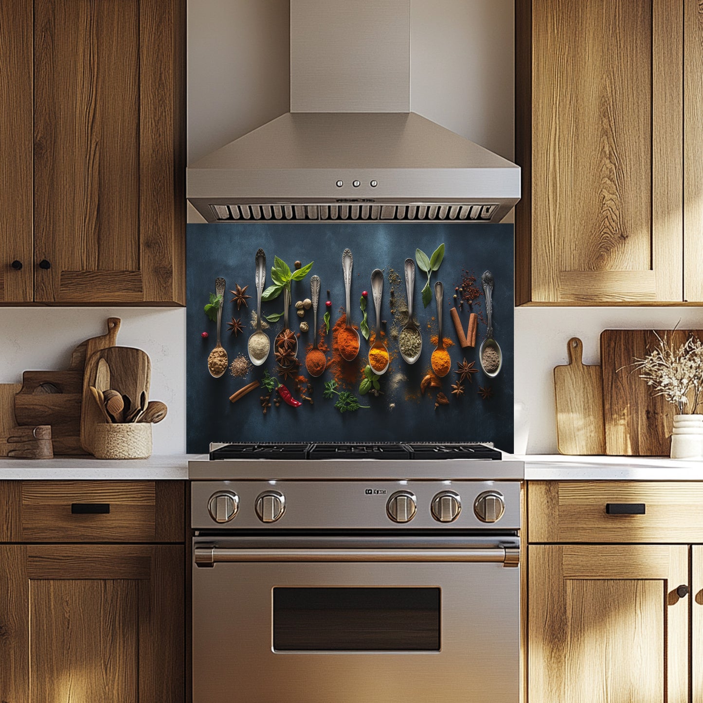 Kitchen with wooden cabinets, stainless steel stove, and decorative backsplash.