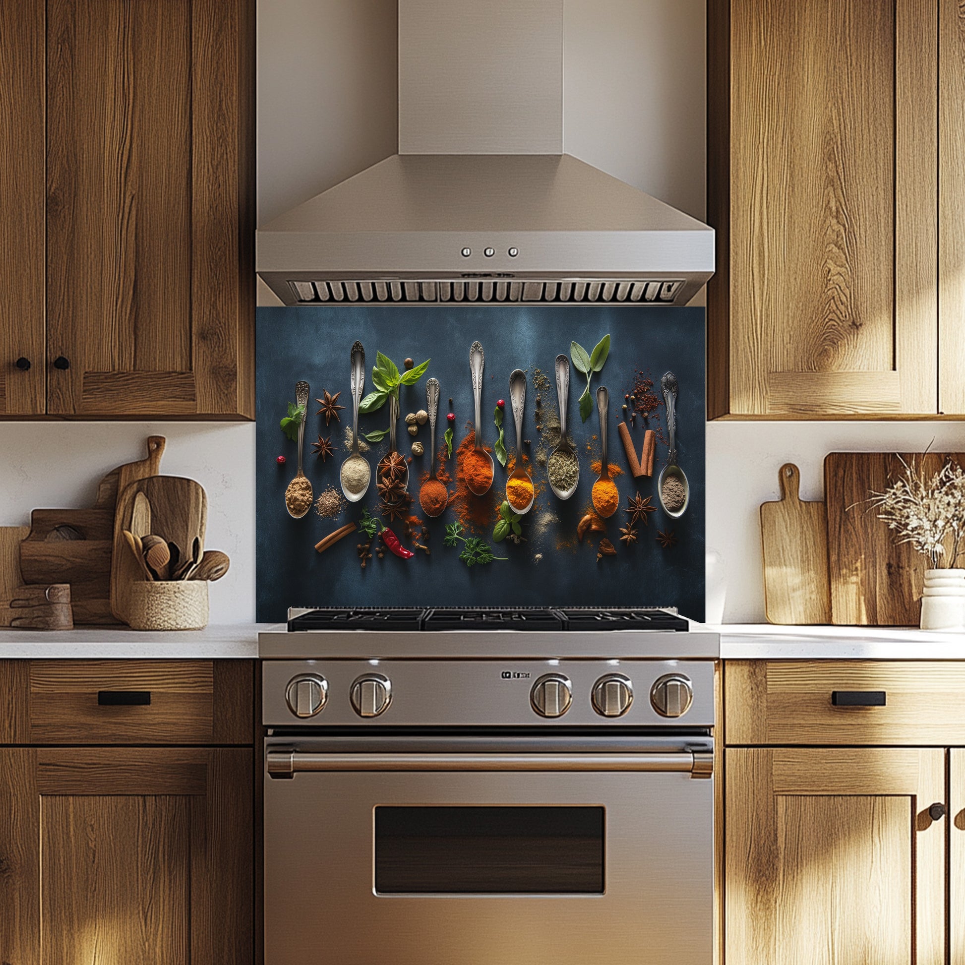 Kitchen with wooden cabinets, stainless steel stove, and decorative backsplash.