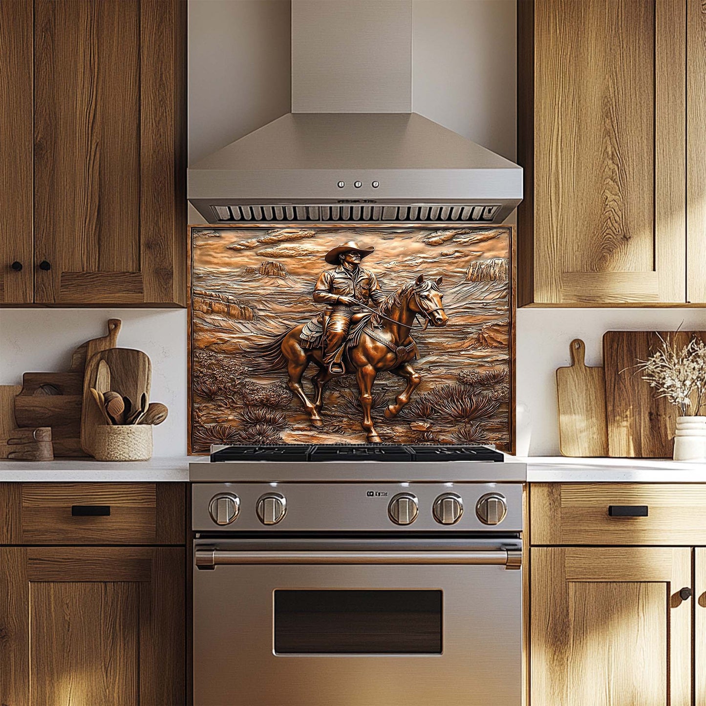 Copper-toned tempered glass backsplash with cowboy riding horse in desert canyon landscape